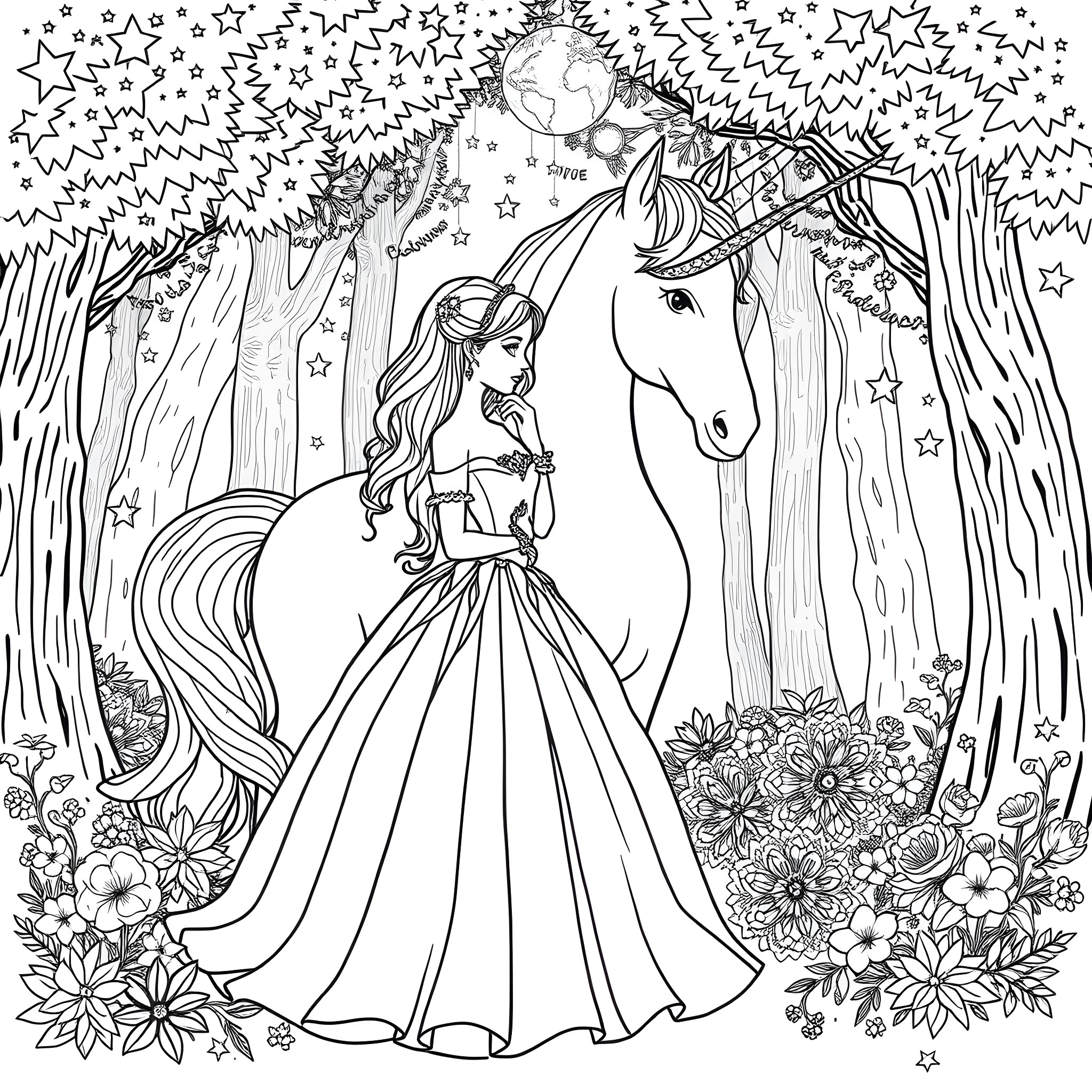 Princess admiring her magical unicorn in the enchanted forest Coloring Page (free black-and-white line drawing printable PDF for all, from beginners to advanced learners, including children, teens, adults, and seniors)