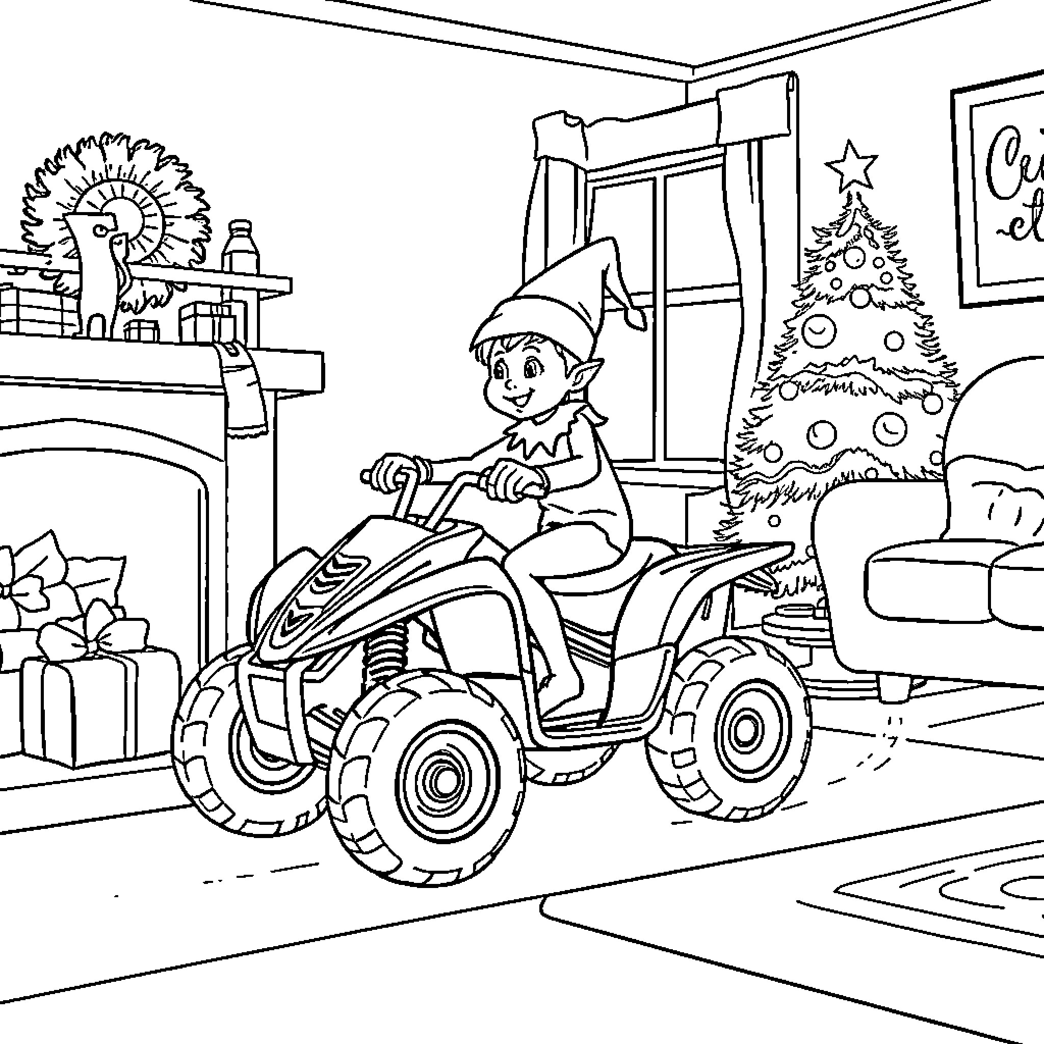 Elf riding a tractor in a festive indoor scene Coloring Page (free black-and-white line drawing printable PDF for all, from beginners to advanced learners, including children, teens, adults, and seniors)
