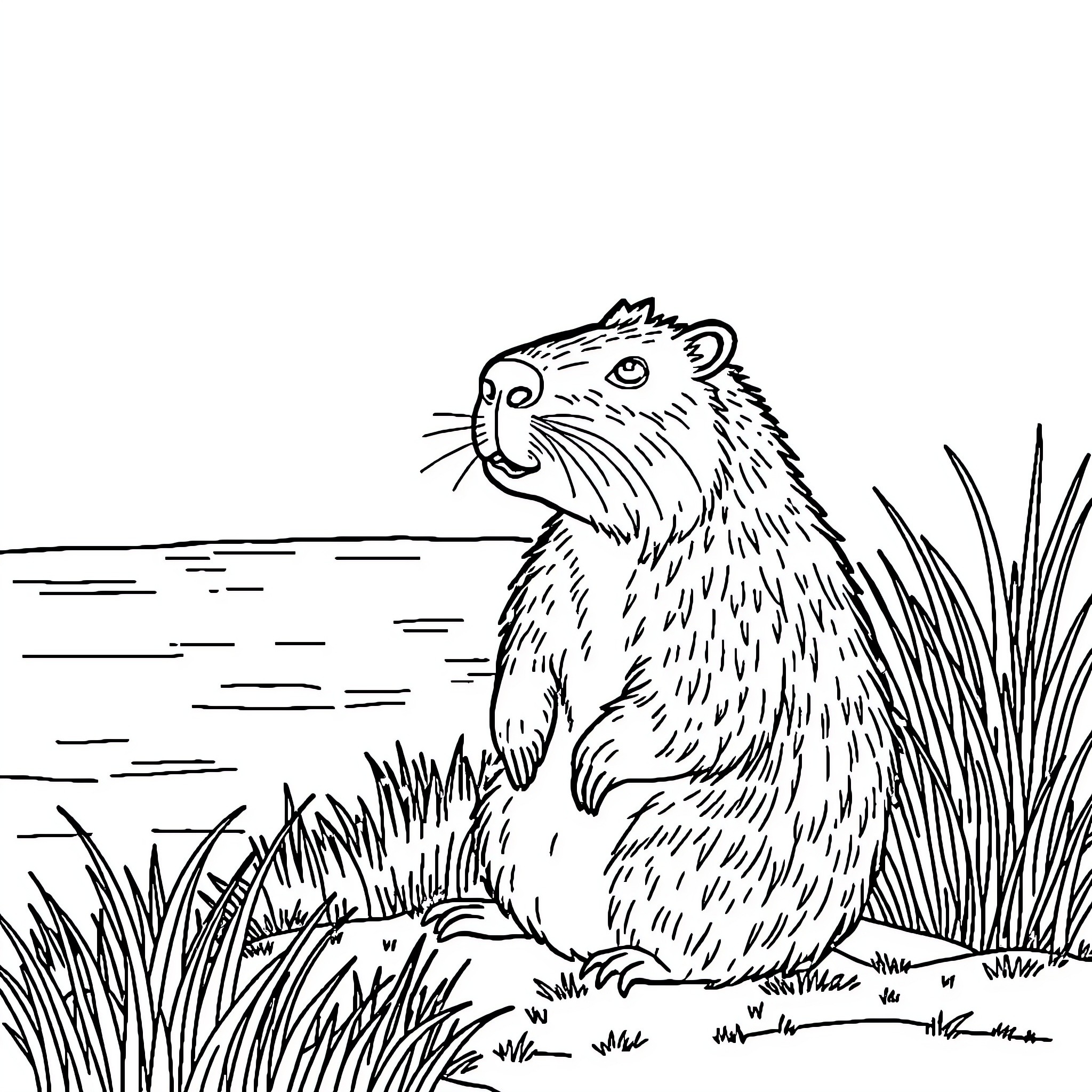 Capybara exploring a grassy landscape Coloring Page (free black-and-white line drawing printable PDF for all, from beginners to advanced learners, including children, teens, adults, and seniors)