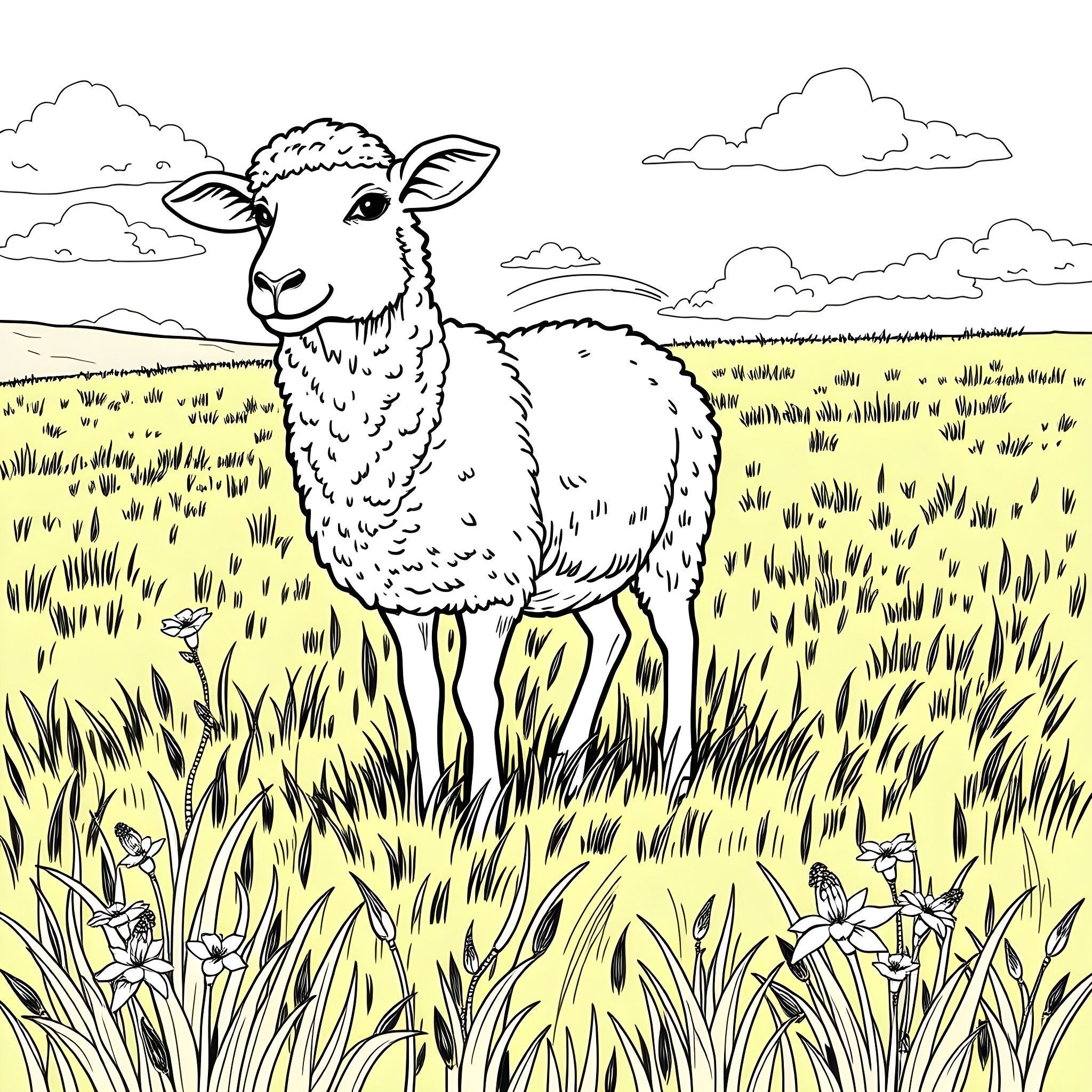 Sheep standing in a grassy field Coloring Page (free black-and-white line drawing printable PDF for all, from beginners to advanced learners, including children, teens, adults, and seniors)