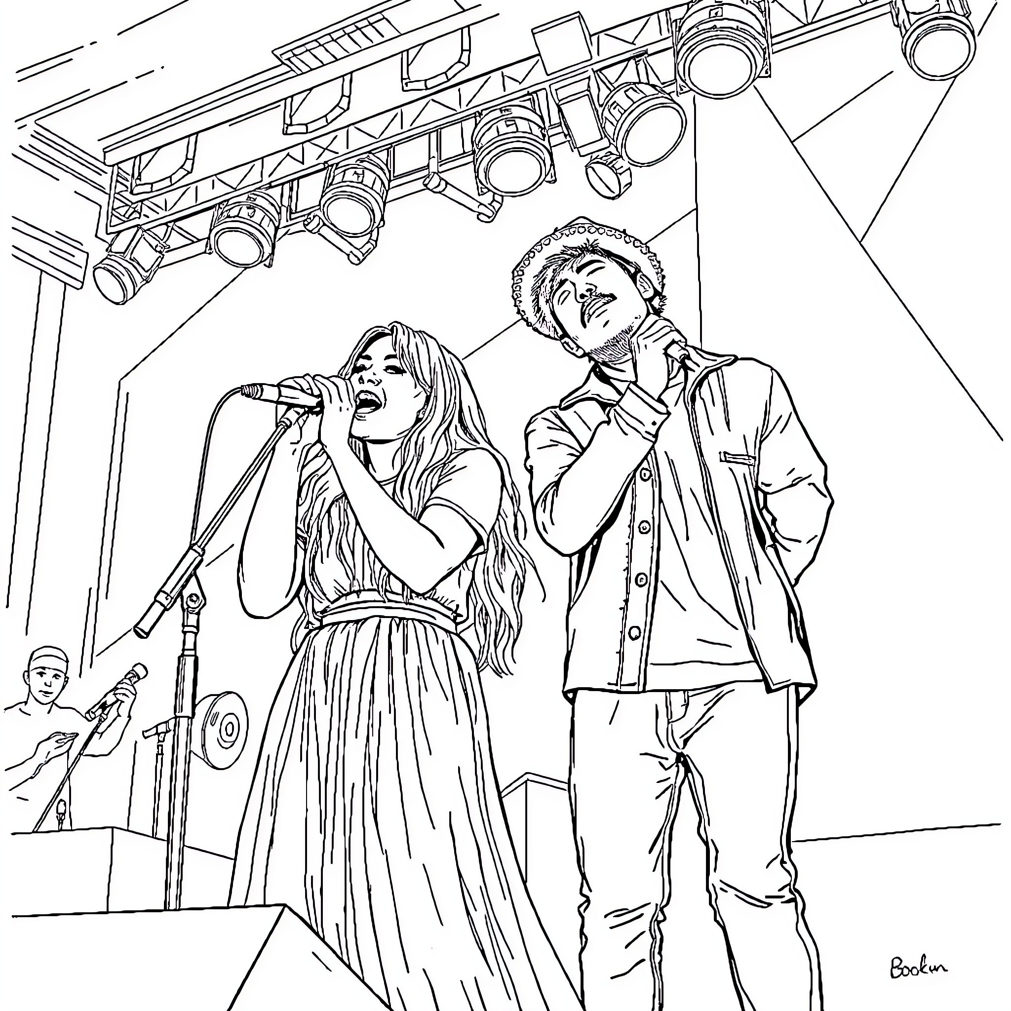 Billie Eilish and Companion Performing on Stage Coloring Page (free black-and-white line drawing printable PDF for all, from beginners to advanced learners, including children, teens, adults, and seniors)