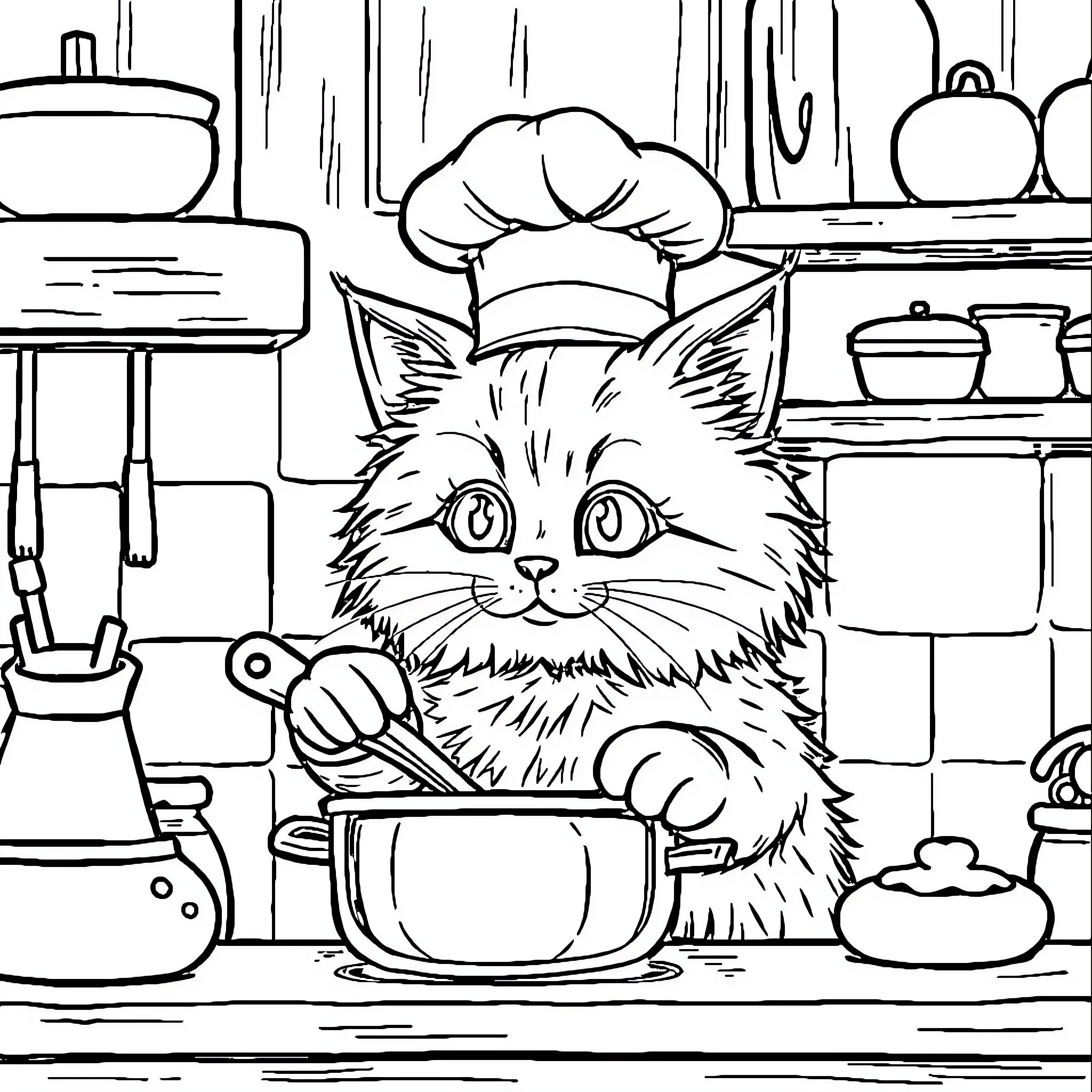 Cat chef cooking in the kitchen Coloring Page (free black-and-white line drawing printable PDF for all, from beginners to advanced learners, including children, teens, adults, and seniors)