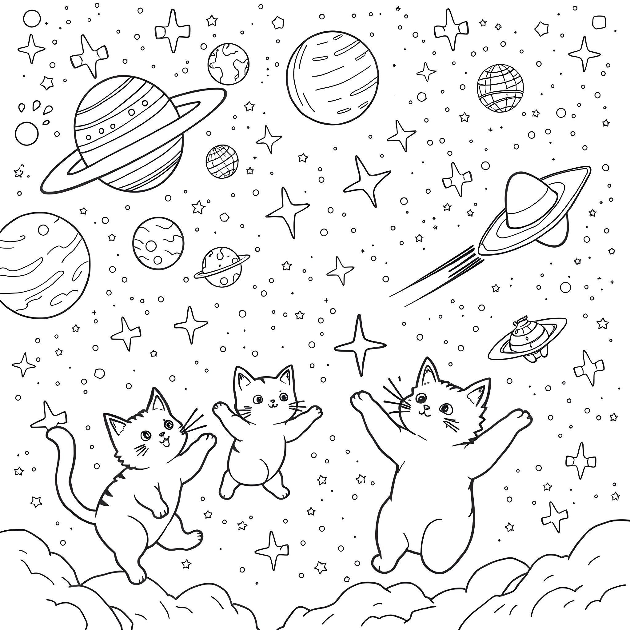 Cats playing in the cosmic space Coloring Page (free black-and-white line drawing printable PDF for all, from beginners to advanced learners, including children, teens, adults, and seniors)