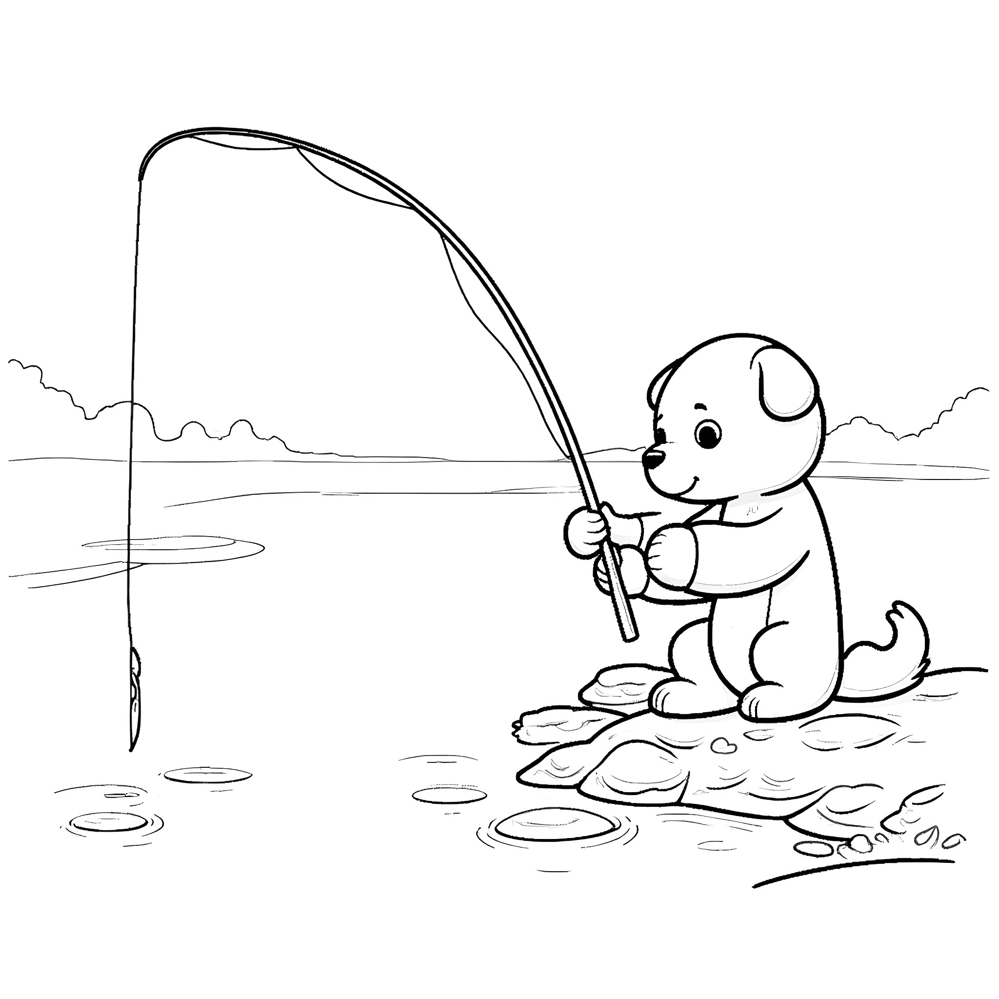 Bluey enjoying a fishing trip by the lake Coloring Page (free black-and-white line drawing printable PDF for all, from beginners to advanced learners, including children, teens, adults, and seniors)