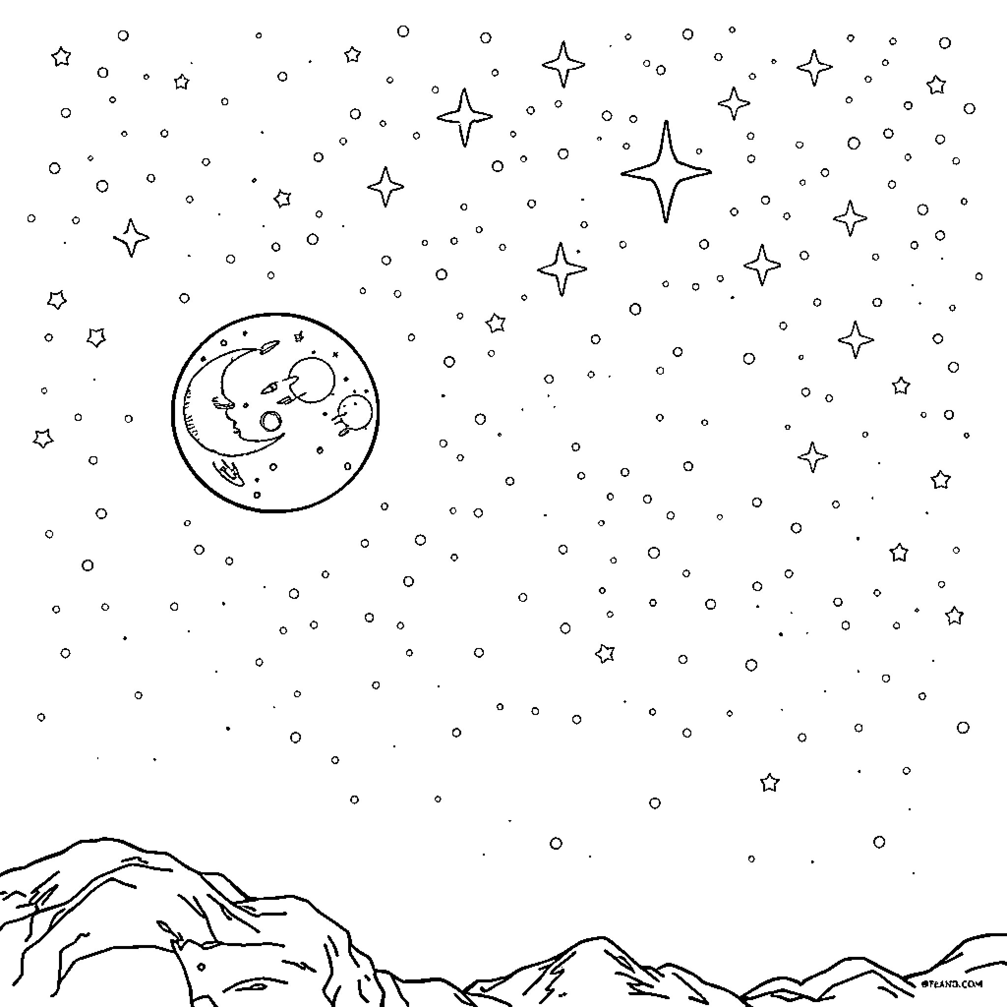 Steech with stars and moon in the night sky Coloring Page (free black-and-white line drawing printable PDF for all, from beginners to advanced learners, including children, teens, adults, and seniors)