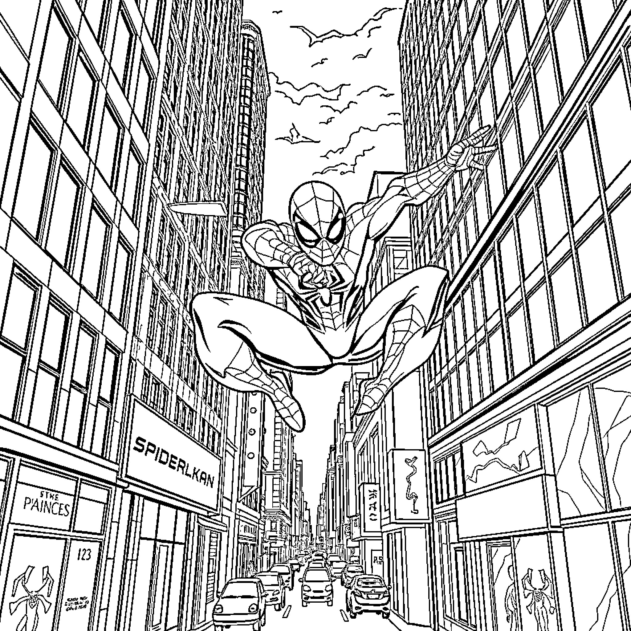 Spiderman swinging through the city skyline Coloring Page (free black-and-white line drawing printable PDF for all, from beginners to advanced learners, including children, teens, adults, and seniors)