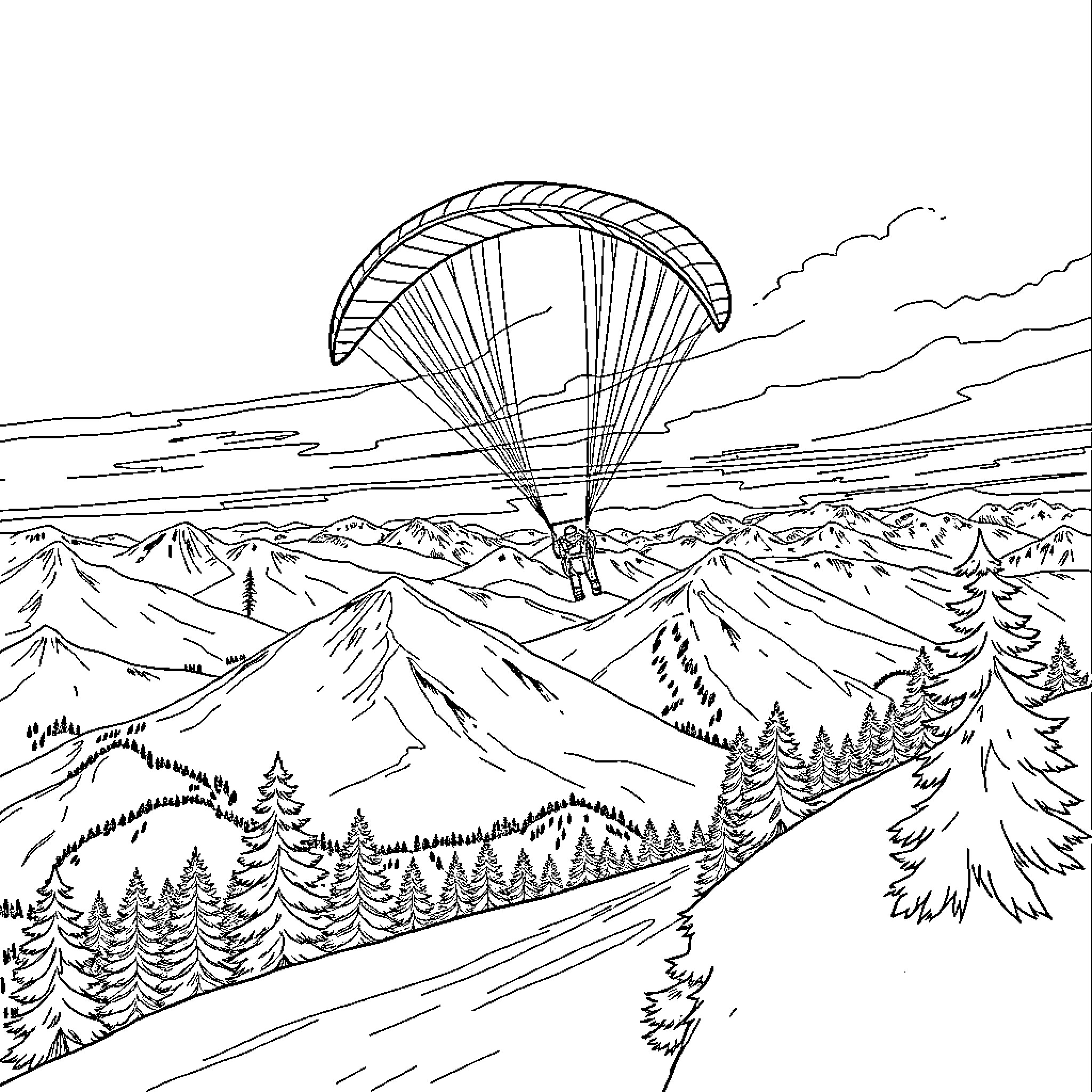 Paraglider soaring above scenic mountain landscape Coloring Page (free black-and-white line drawing printable PDF for all, from beginners to advanced learners, including children, teens, adults, and seniors)