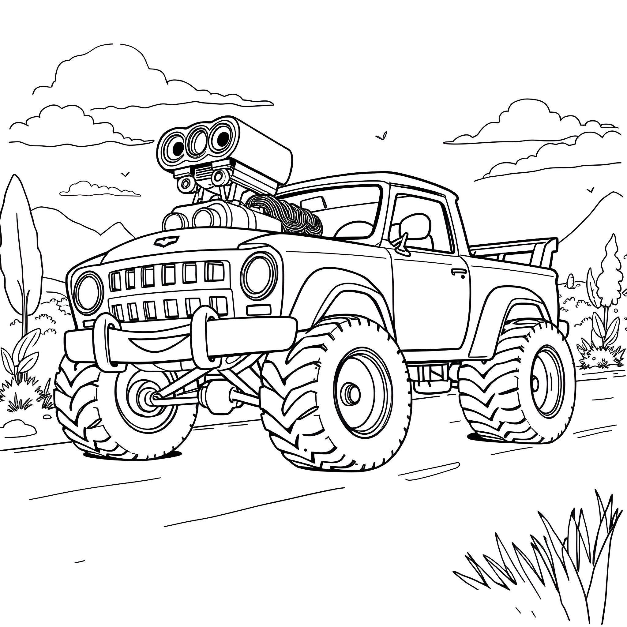 Car with large tires off-roading in nature Coloring Page (free black-and-white line drawing printable PDF for all, from beginners to advanced learners, including children, teens, adults, and seniors)