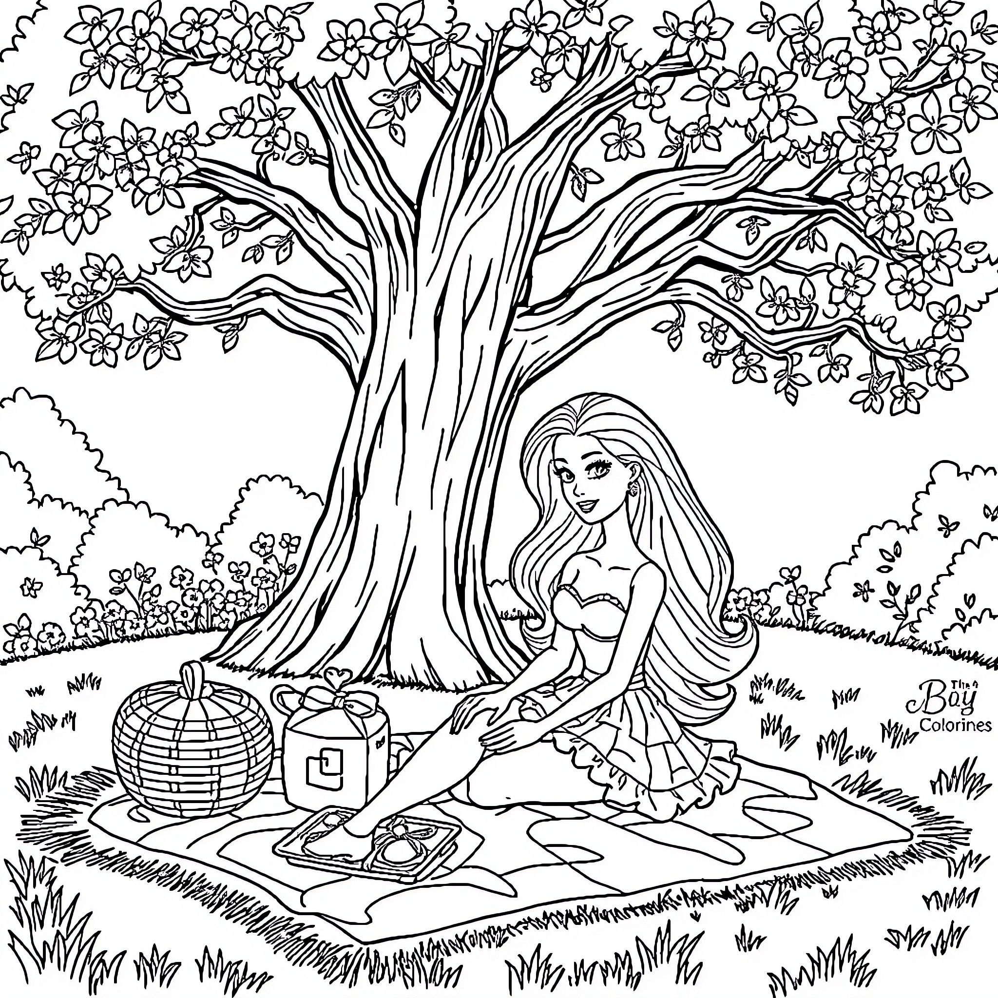 Barbie enjoying a picnic under the flowering tree Coloring Page (free black-and-white line drawing printable PDF for all, from beginners to advanced learners, including children, teens, adults, and seniors)