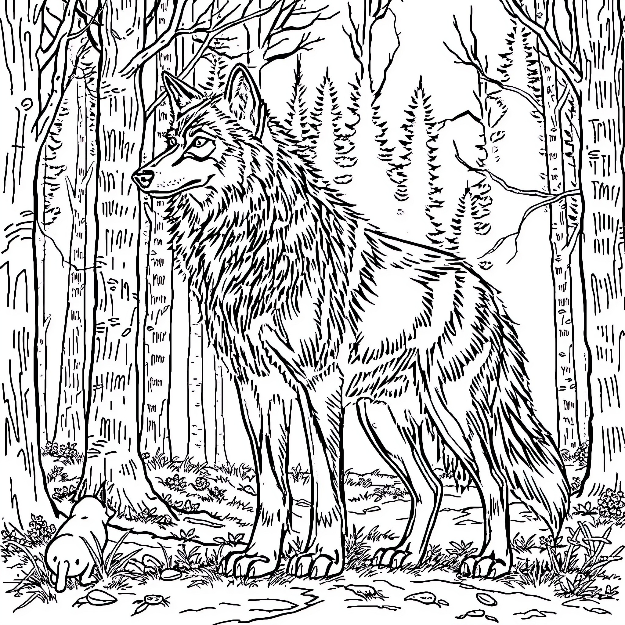 Furia Nocturna: Majestic Wolf in Moonlit Forest Coloring Page (free black-and-white line drawing printable PDF for all, from beginners to advanced learners, including children, teens, adults, and seniors)