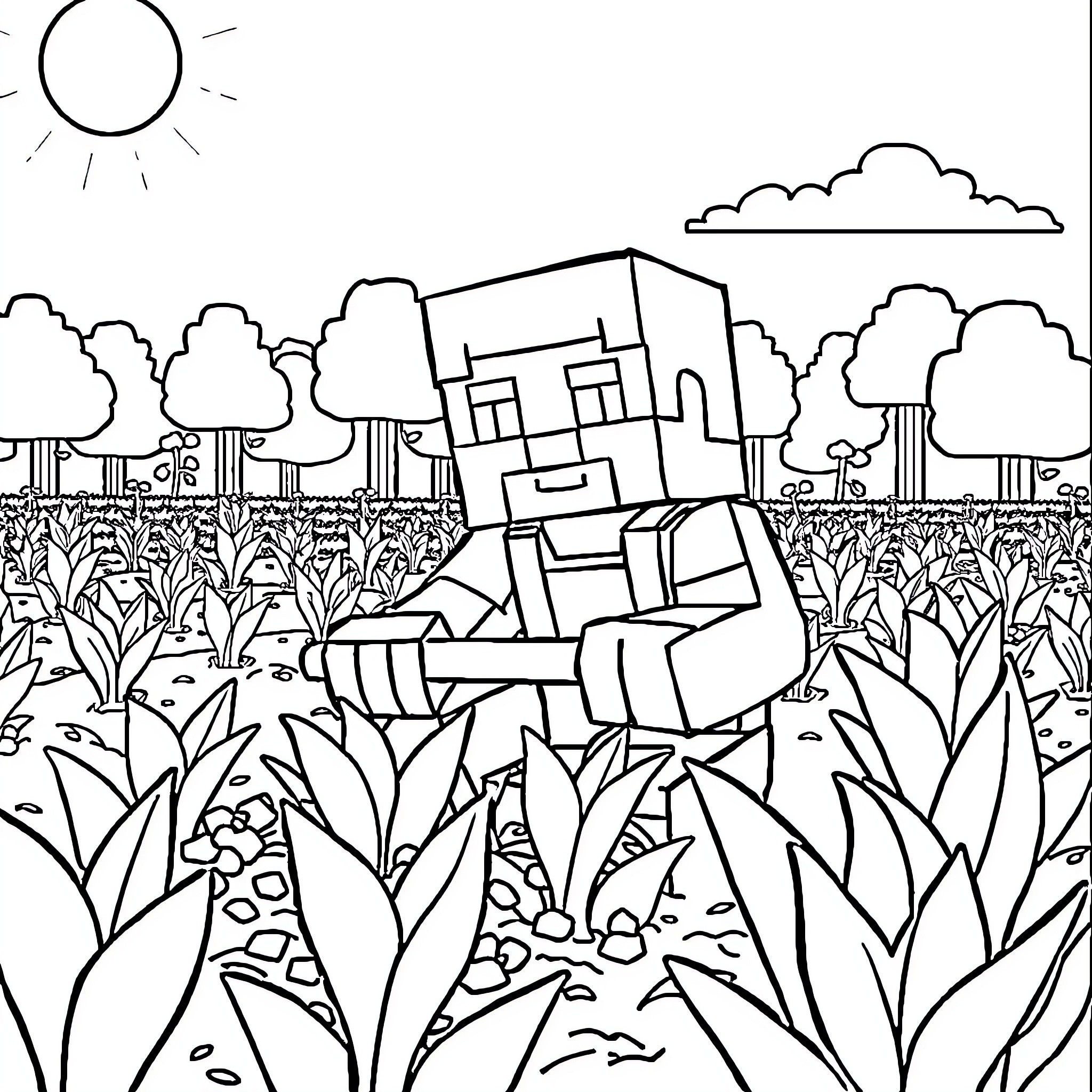 Steve sitting in a nature scene Coloring Page (free black-and-white line drawing printable PDF for all, from beginners to advanced learners, including children, teens, adults, and seniors)