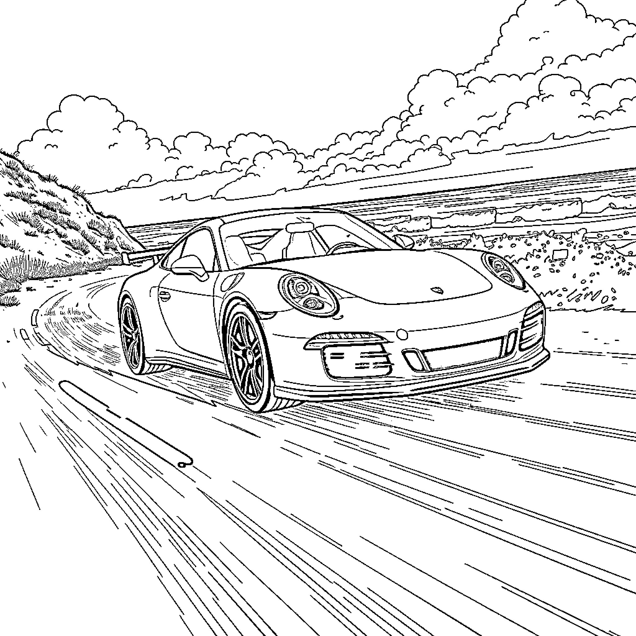 Porsche racing swiftly through scenic countryside Coloring Page (free black-and-white line drawing printable PDF for all, from beginners to advanced learners, including children, teens, adults, and seniors)