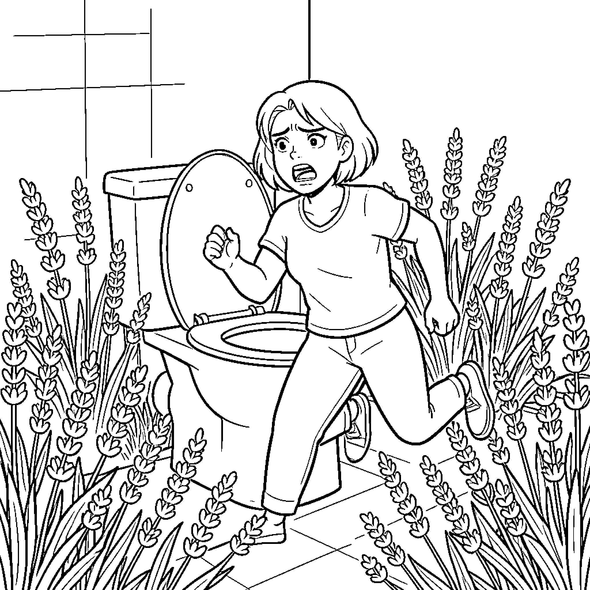 Woman struggling with a bathroom situation in a natural setting Coloring Page (free black-and-white line drawing printable PDF for all, from beginners to advanced learners, including children, teens, adults, and seniors)