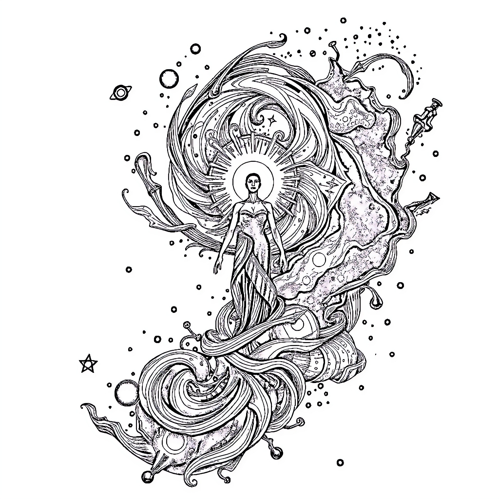 Tattoo of a mystical, ethereal figure in abstract surroundings Coloring Page (free black-and-white line drawing printable PDF for all, from beginners to advanced learners, including children, teens, adults, and seniors)