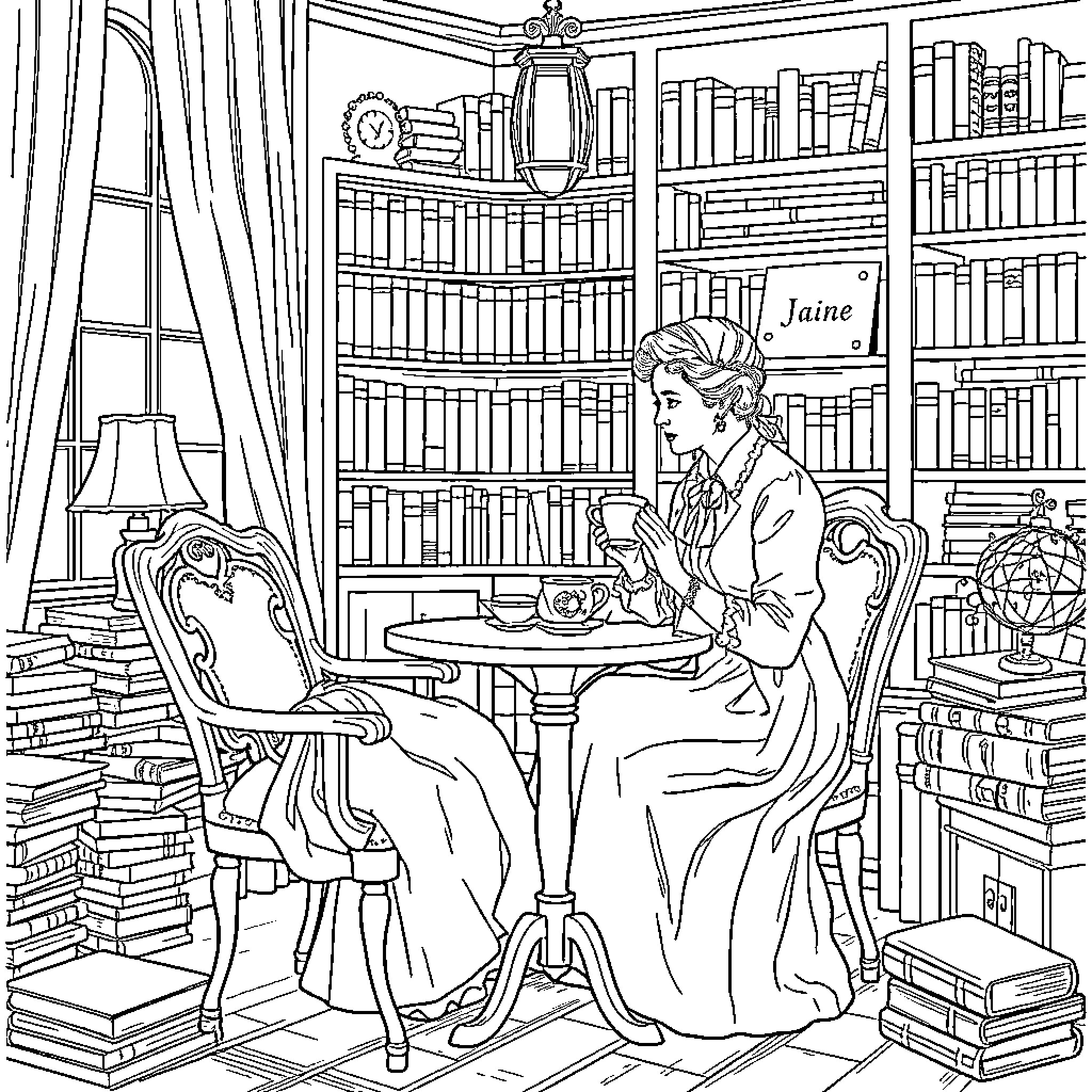 Jane Austen's Library: A Cozy Literary Scene Coloring Page (free black-and-white line drawing printable PDF for all, from beginners to advanced learners, including children, teens, adults, and seniors)