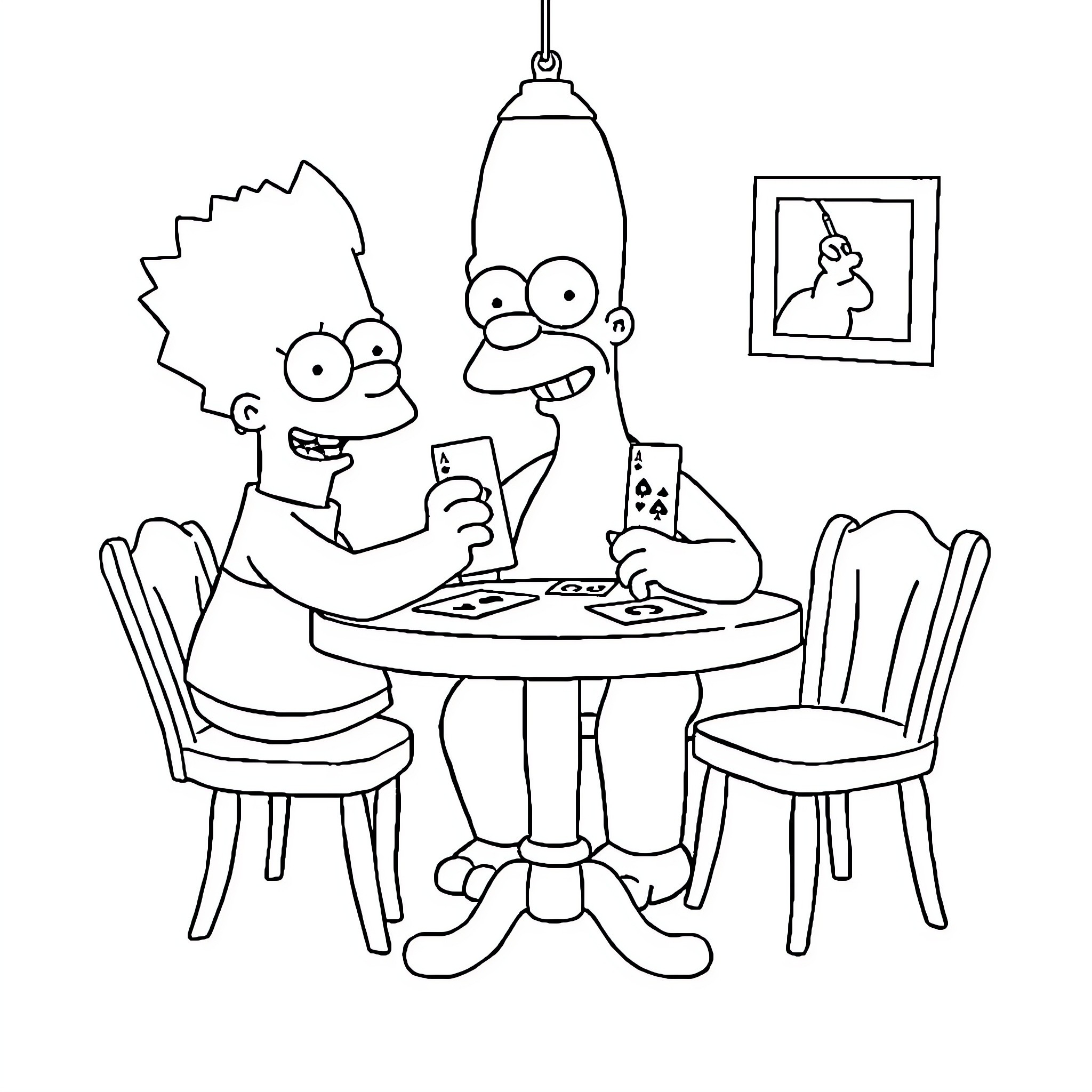 Simpson family playing cards together at the table Coloring Page (free black-and-white line drawing printable PDF for all, from beginners to advanced learners, including children, teens, adults, and seniors)
