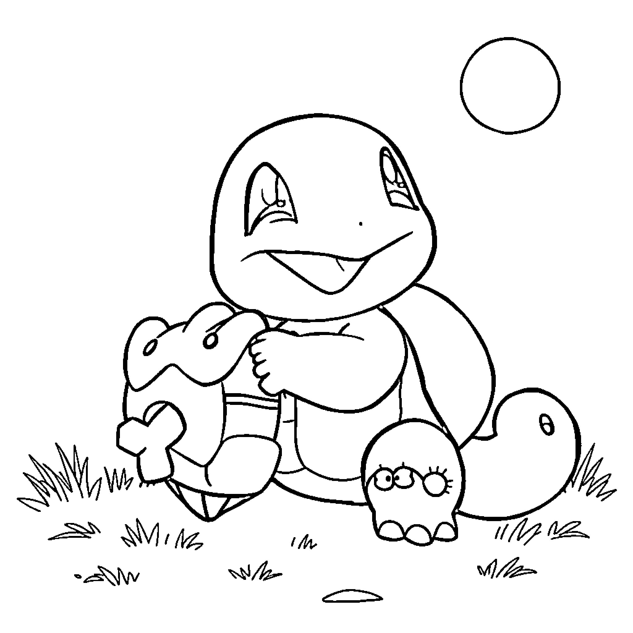 Squirtle exploring the outdoors happily Coloring Page (free black-and-white line drawing printable PDF for all, from beginners to advanced learners, including children, teens, adults, and seniors)
