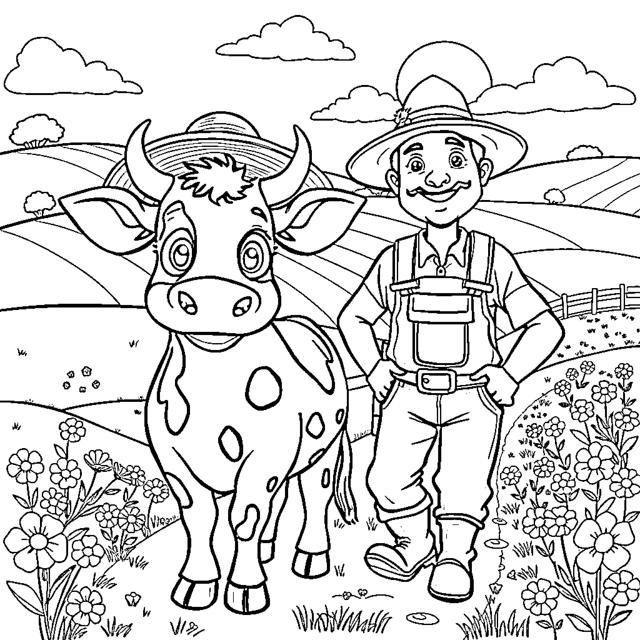 Vaca and Farmer Enjoying the Countryside Coloring Page (free black-and-white line drawing printable PDF for all, from beginners to advanced learners, including children, teens, adults, and seniors)