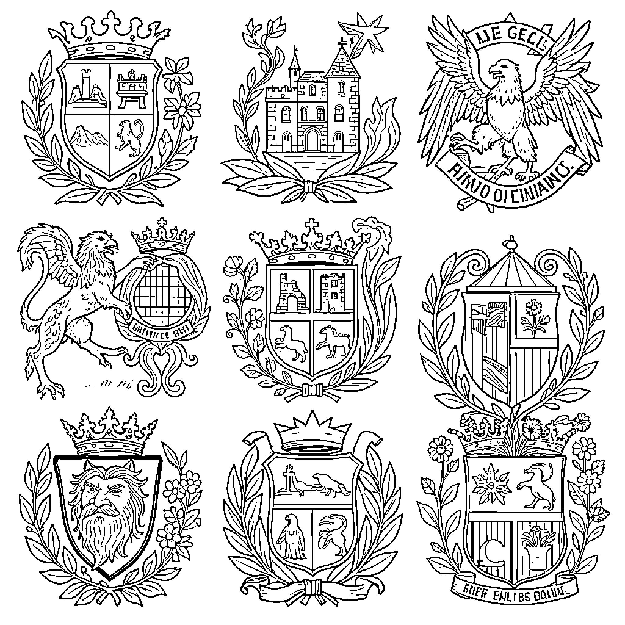 Galician Nationalist Motifs featuring various heraldic emblems and crests Coloring Page (free black-and-white line drawing printable PDF for all, from beginners to advanced learners, including children, teens, adults, and seniors)