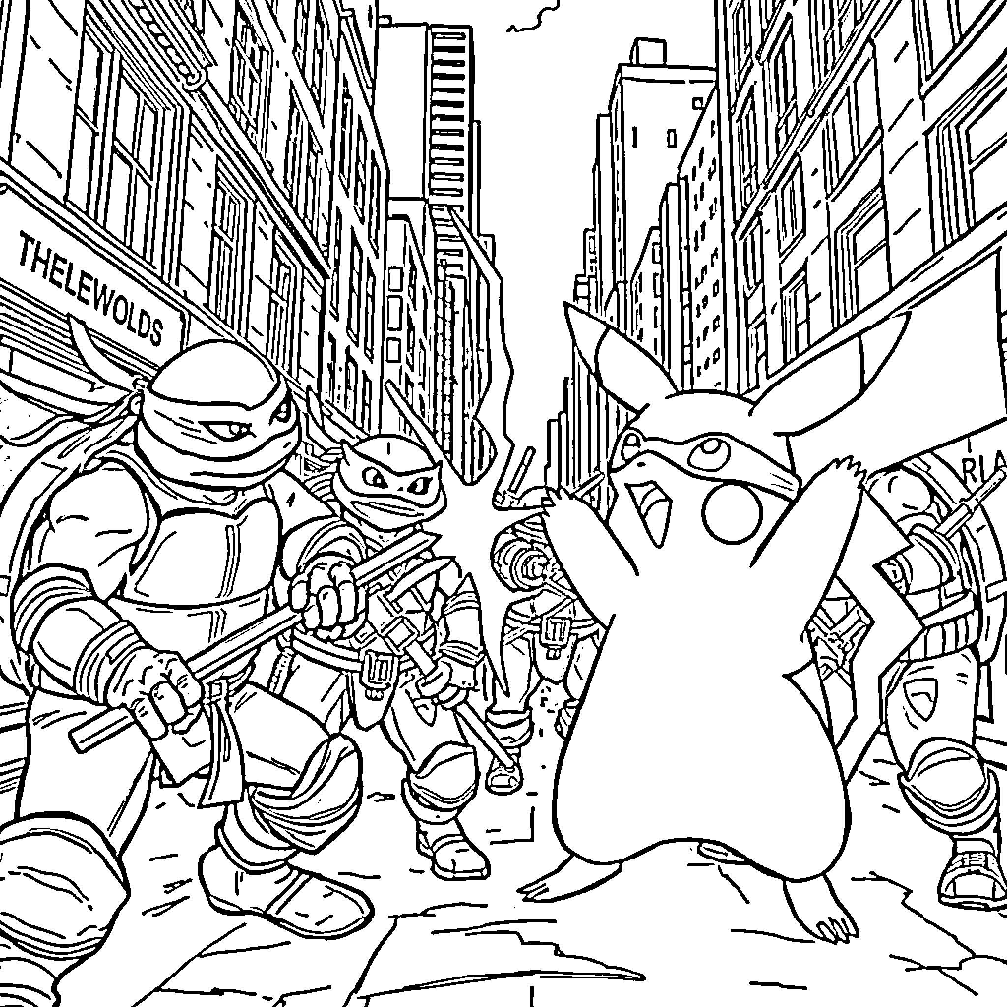 Pikachu and Ninja Turtles in Exciting City Adventure Coloring Page (free black-and-white line drawing printable PDF for all, from beginners to advanced learners, including children, teens, adults, and seniors)