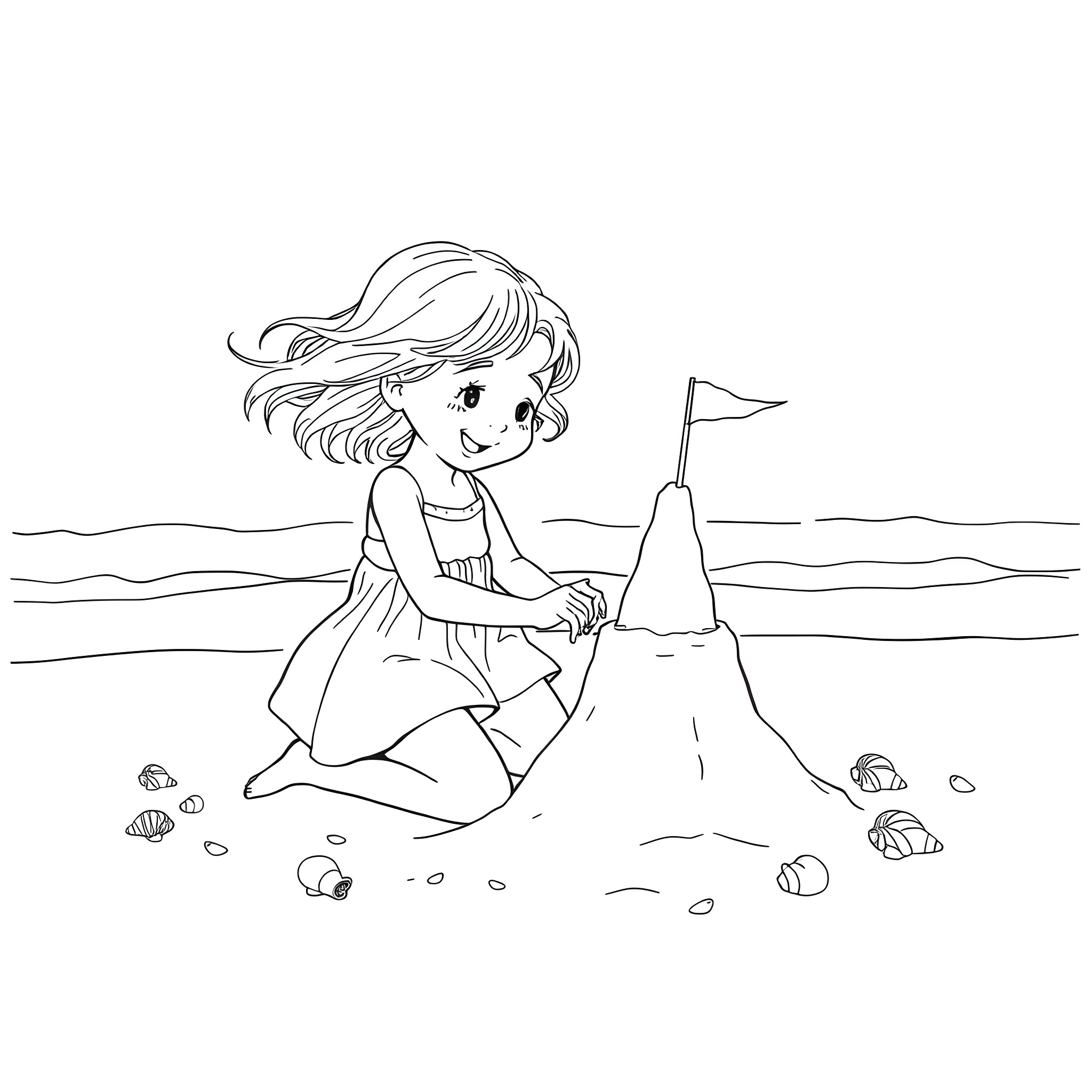 Girl building a sandcastle on the beach Coloring Page (free black-and-white line drawing printable PDF for all, from beginners to advanced learners, including children, teens, adults, and seniors)