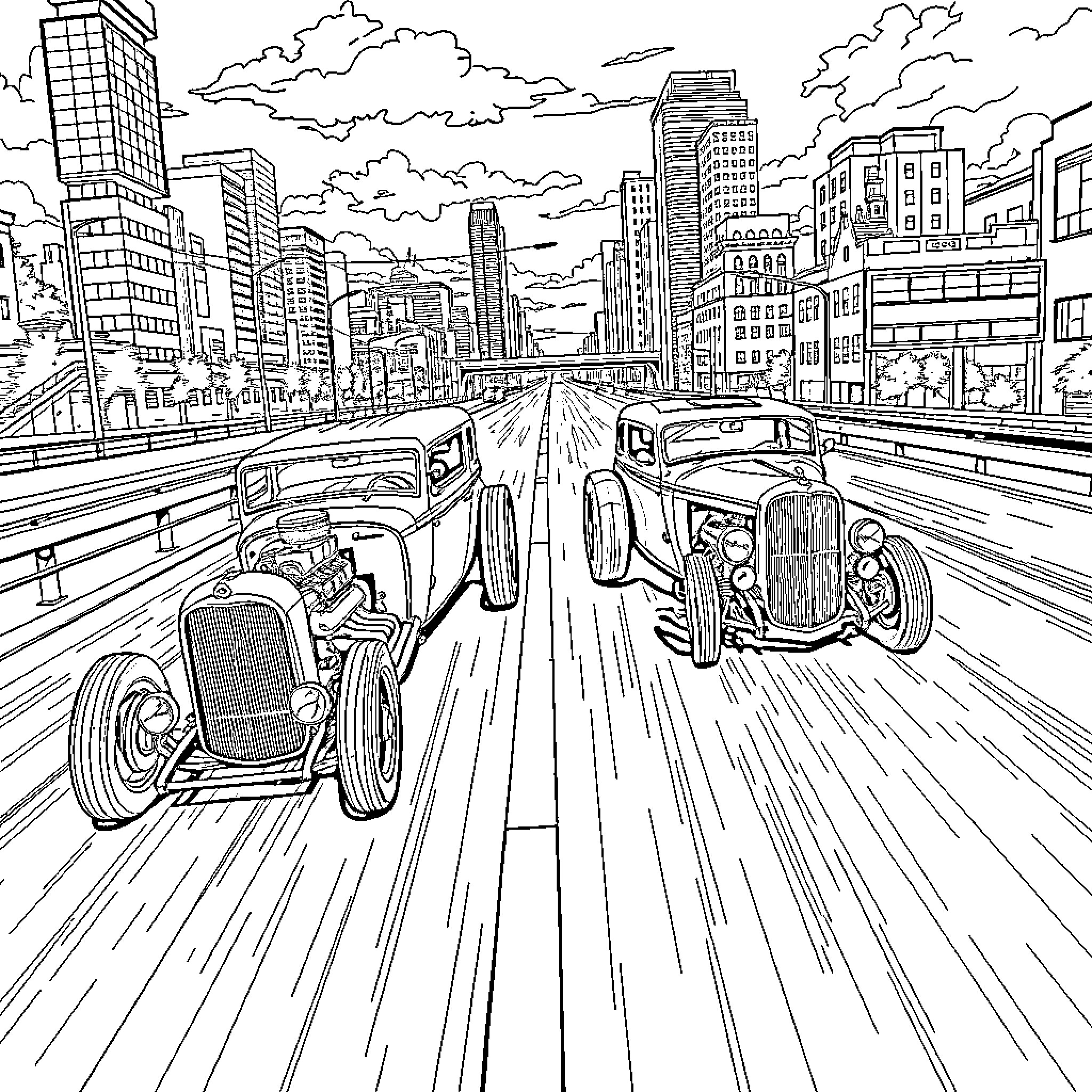 Hot Rod Race Through the City Streets Coloring Page (free black-and-white line drawing printable PDF for all, from beginners to advanced learners, including children, teens, adults, and seniors)