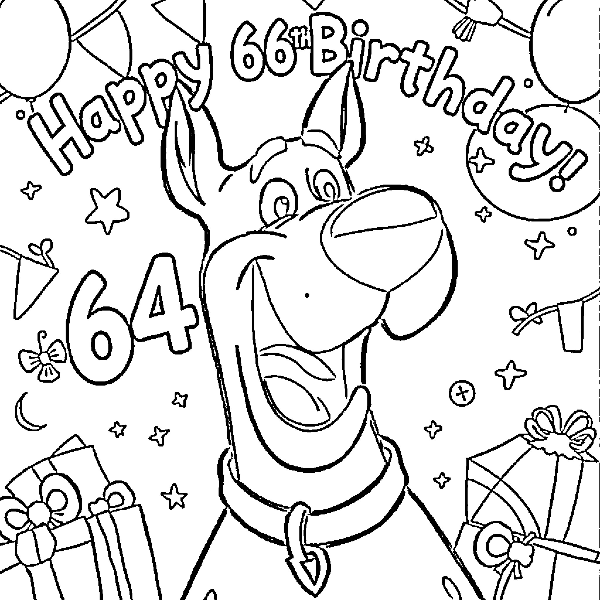 Scooby Doo's 66th Birthday Celebration Coloring Page (free black-and-white line drawing printable PDF for all, from beginners to advanced learners, including children, teens, adults, and seniors)