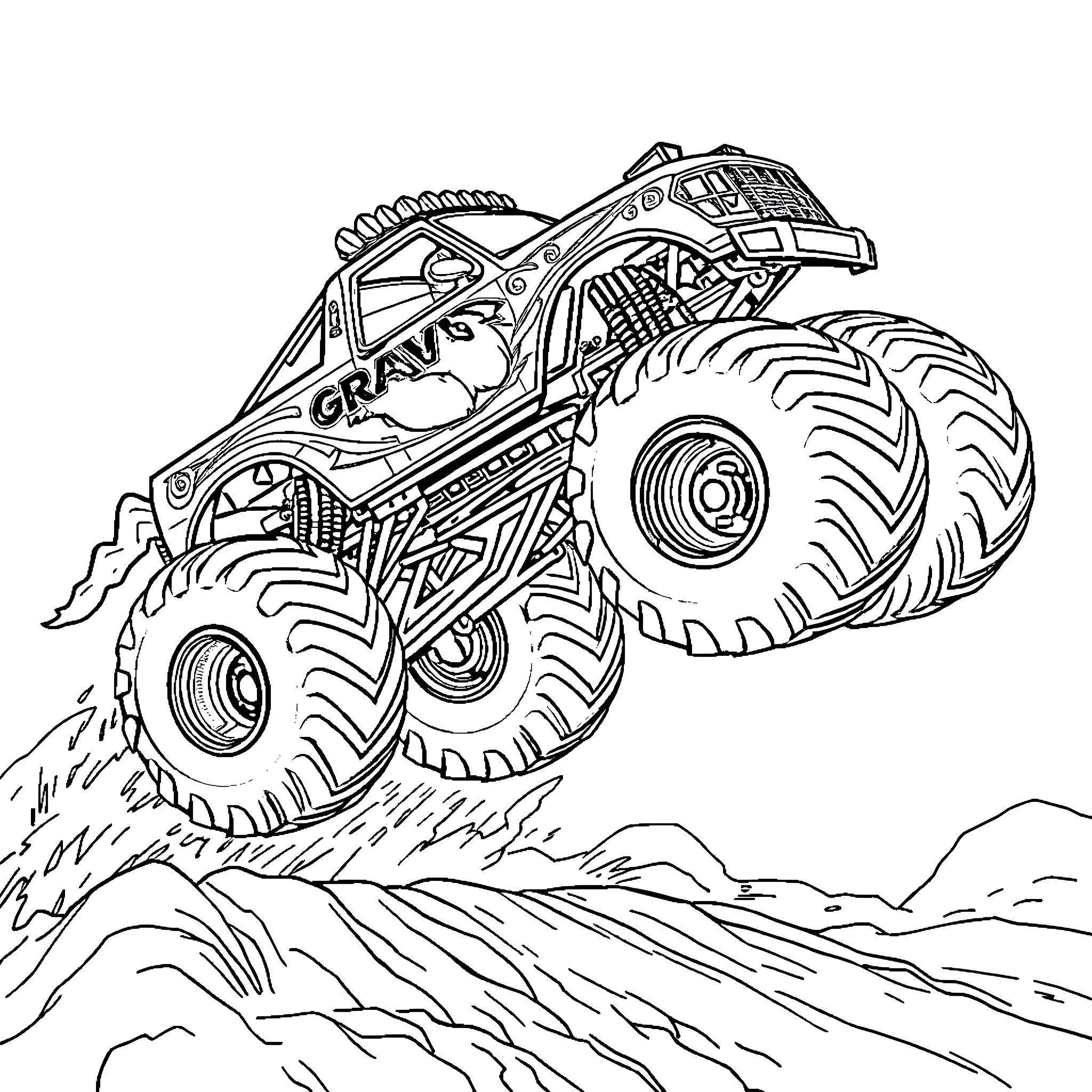 Monster Truck Soaring Over Rugged Terrain Coloring Page (free black-and-white line drawing printable PDF for all, from beginners to advanced learners, including children, teens, adults, and seniors)