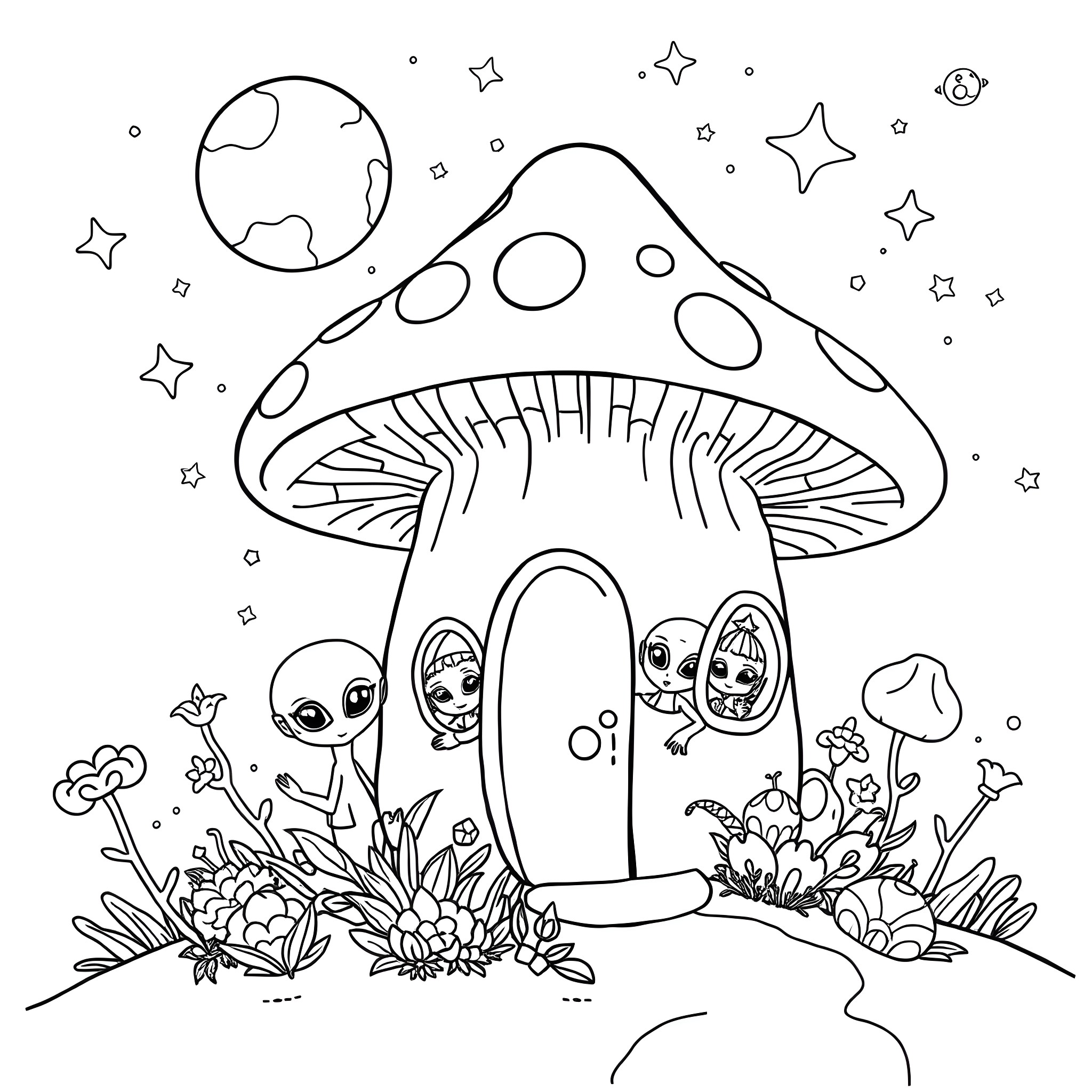 Mushroom aliens in a whimsical fantasy landscape Coloring Page (free black-and-white line drawing printable PDF for all, from beginners to advanced learners, including children, teens, adults, and seniors)