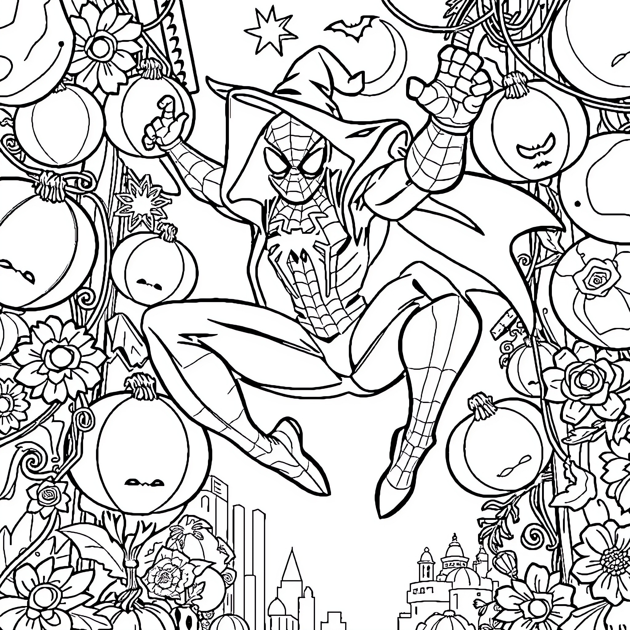 Spiderman swinging through a vibrant superhero scene Coloring Page (free black-and-white line drawing printable PDF for all, from beginners to advanced learners, including children, teens, adults, and seniors)