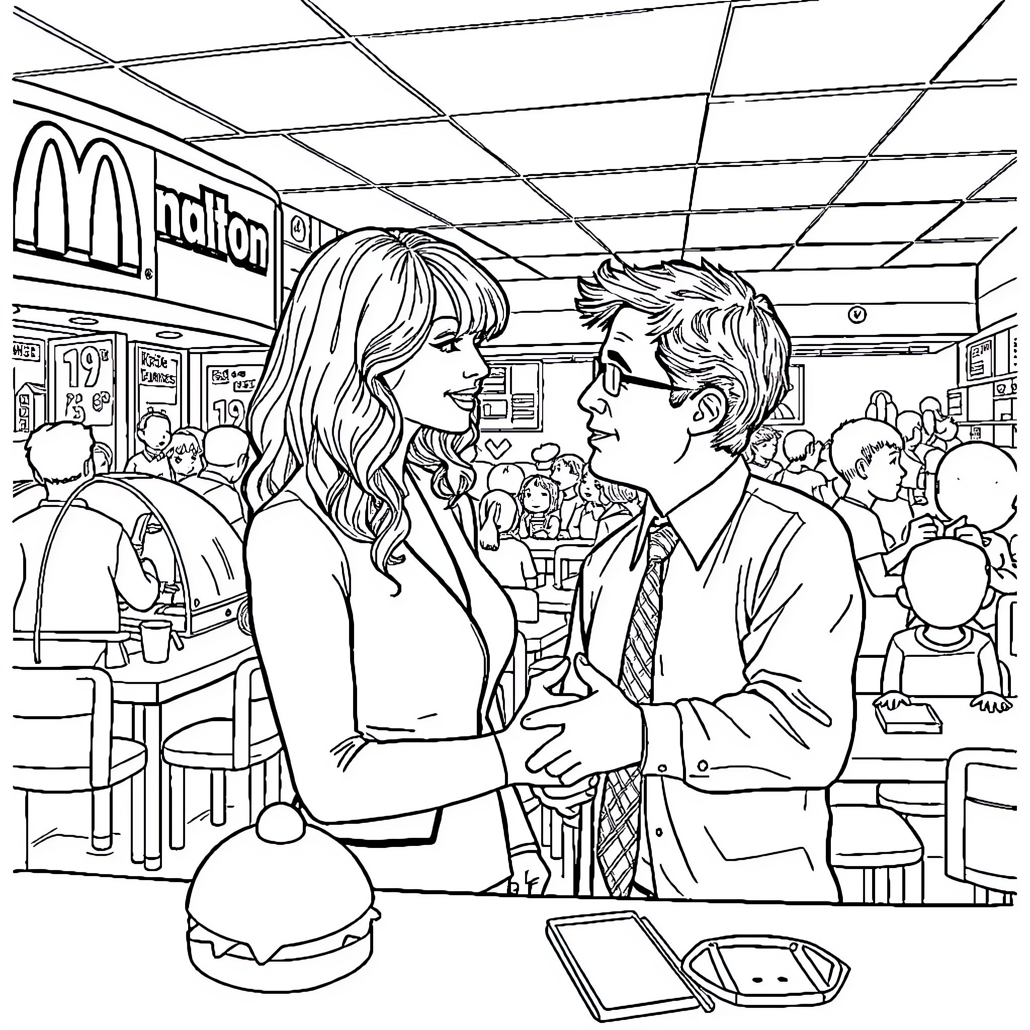 Taylor Swift and partner in a cafe setting Coloring Page (free black-and-white line drawing printable PDF for all, from beginners to advanced learners, including children, teens, adults, and seniors)