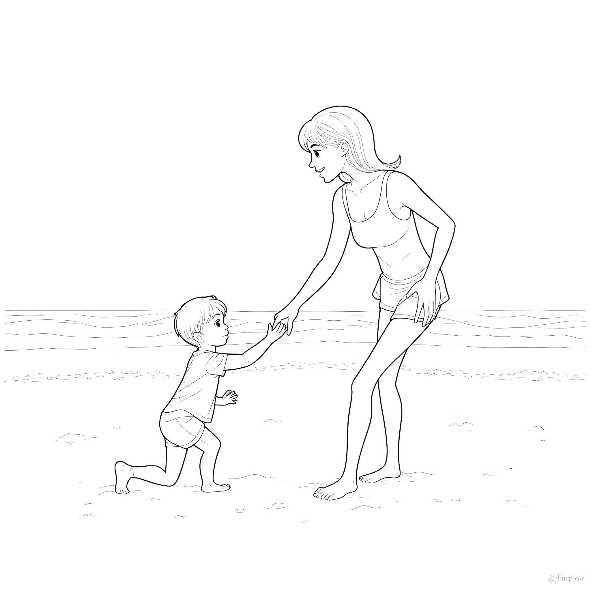 Mom playing with child in the water Coloring Page (free black-and-white line drawing printable PDF for all, from beginners to advanced learners, including children, teens, adults, and seniors)