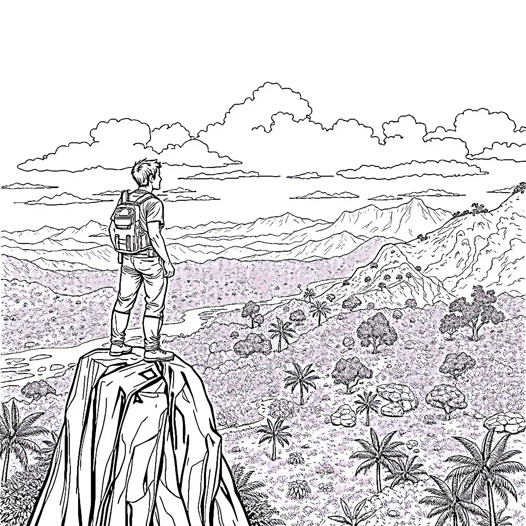 Owen Grady standing atop a cliff, surveying the lush, mountainous landscape Coloring Page (free black-and-white line drawing printable PDF for all, from beginners to advanced learners, including children, teens, adults, and seniors)