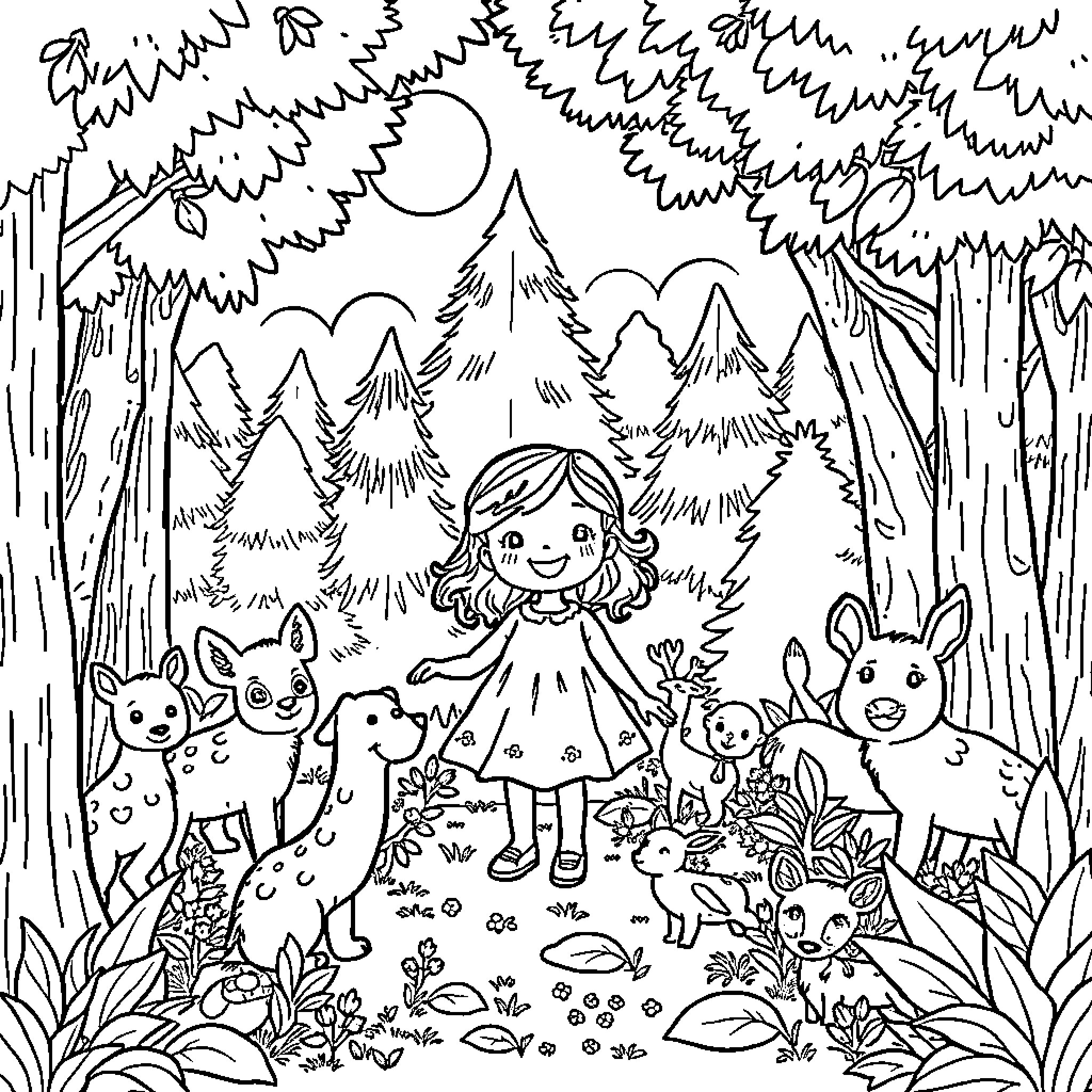 Animal friends in the enchanted forest Coloring Page (free black-and-white line drawing printable PDF for all, from beginners to advanced learners, including children, teens, adults, and seniors)