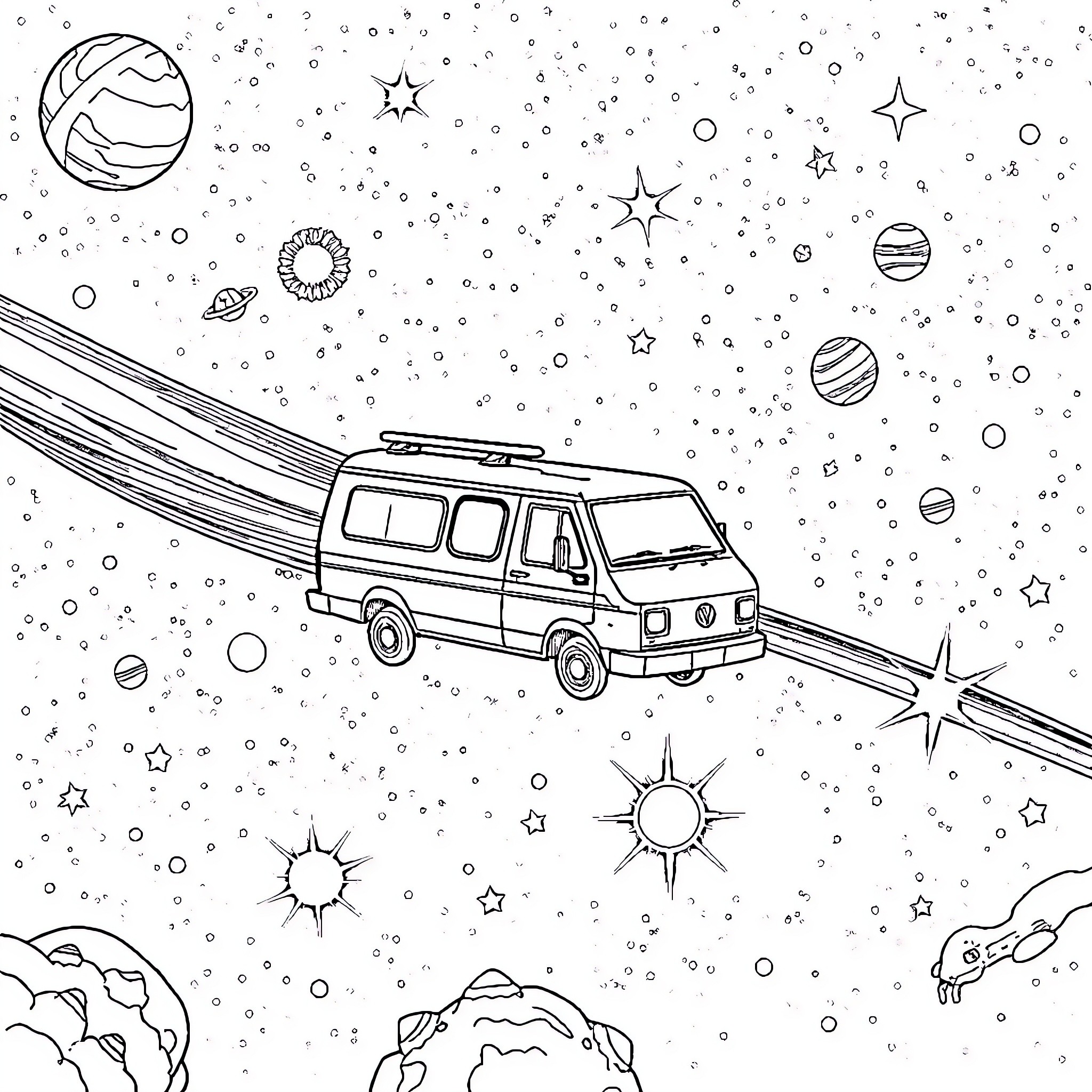 Steeme Van traversing the cosmic realm Coloring Page (free black-and-white line drawing printable PDF for all, from beginners to advanced learners, including children, teens, adults, and seniors)