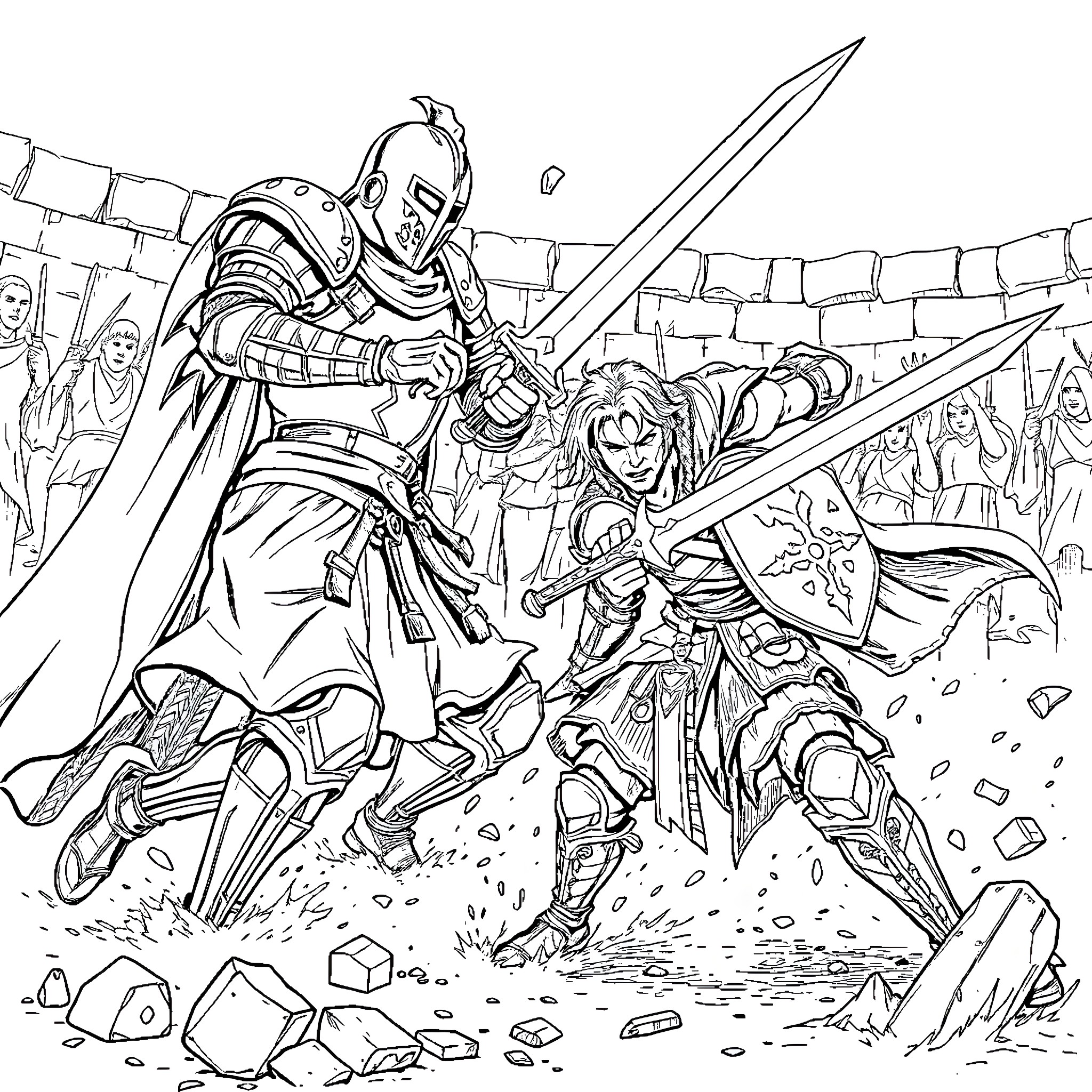 Geralt Battling Fierce Opponent in Armored Arena Coloring Page (free black-and-white line drawing printable PDF for all, from beginners to advanced learners, including children, teens, adults, and seniors)
