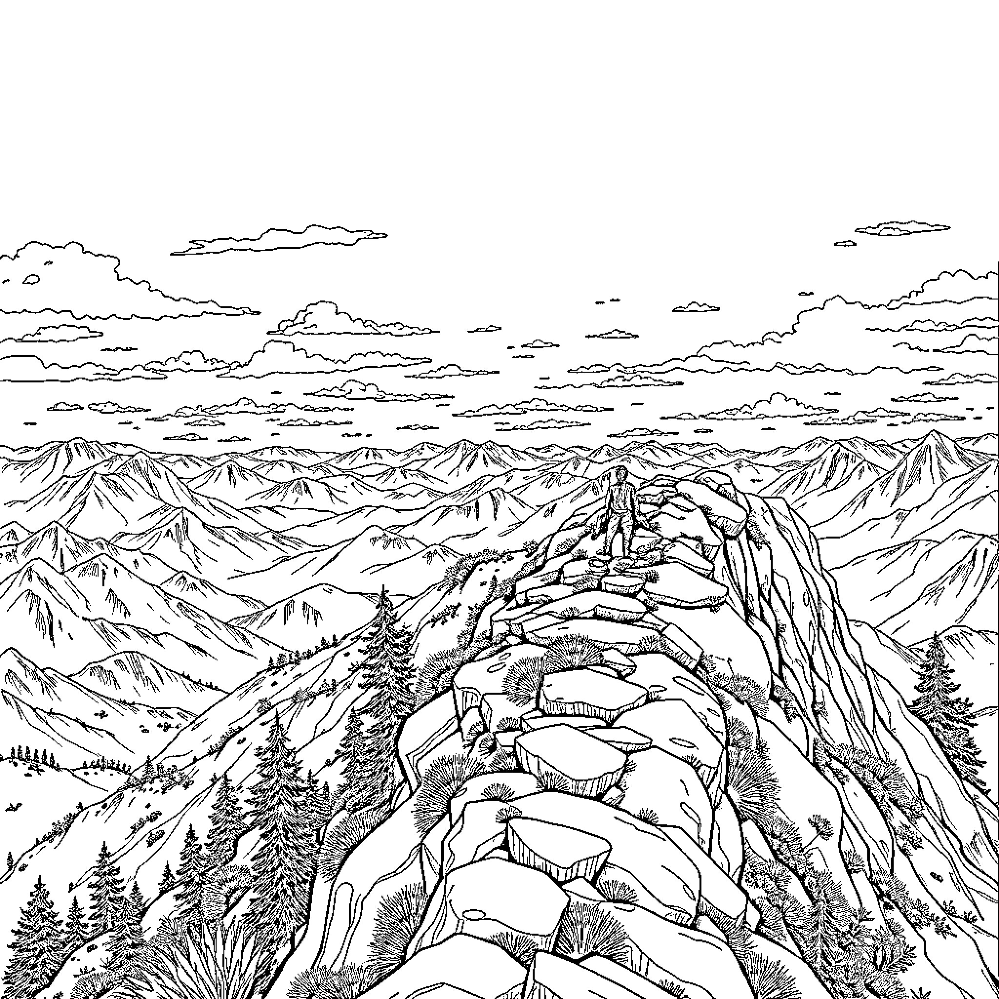 Soldier Stands Atop Rugged Mountain Landscape Coloring Page (free black-and-white line drawing printable PDF for all, from beginners to advanced learners, including children, teens, adults, and seniors)