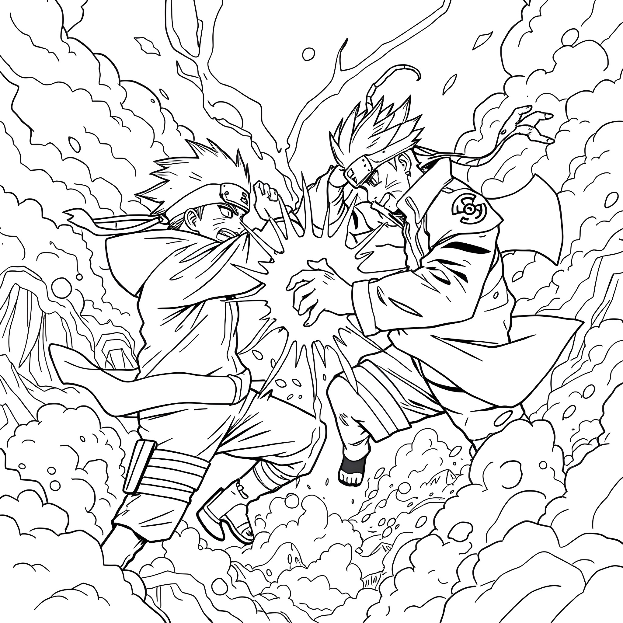 Naruto Ninjas Engaged in Intense Combat Coloring Page (free black-and-white line drawing printable PDF for all, from beginners to advanced learners, including children, teens, adults, and seniors)