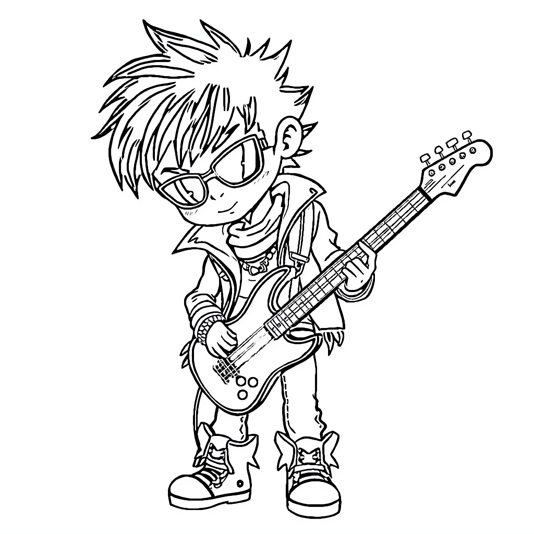 Rock Boy Playing Guitar with Enthusiasm Coloring Page (free black-and-white line drawing printable PDF for all, from beginners to advanced learners, including children, teens, adults, and seniors)