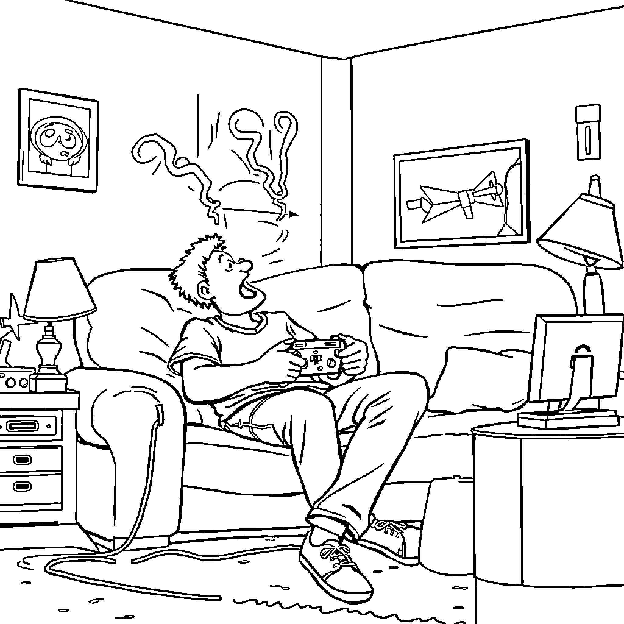 Joe playing video games on the couch Coloring Page (free black-and-white line drawing printable PDF for all, from beginners to advanced learners, including children, teens, adults, and seniors)