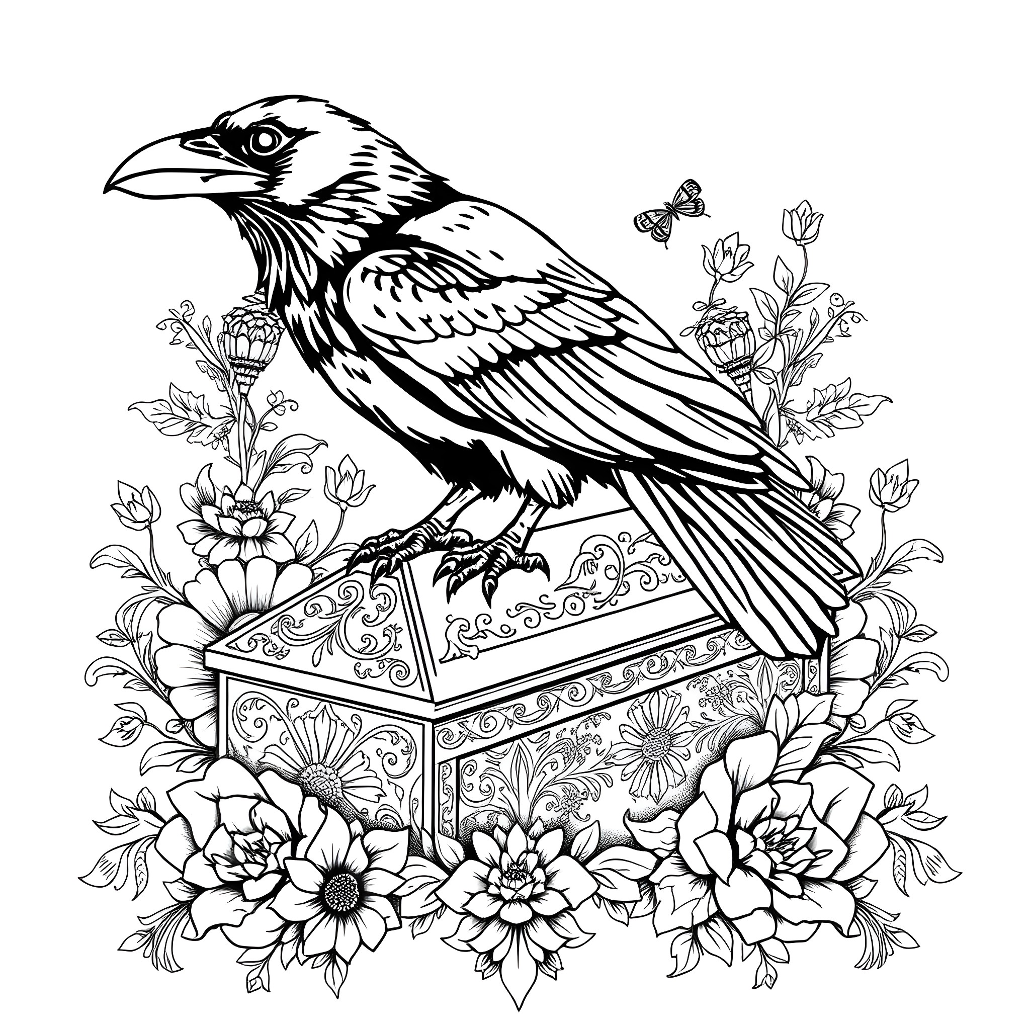 Raven perched on an ornate box surrounded by flowers Coloring Page (free black-and-white line drawing printable PDF for all, from beginners to advanced learners, including children, teens, adults, and seniors)