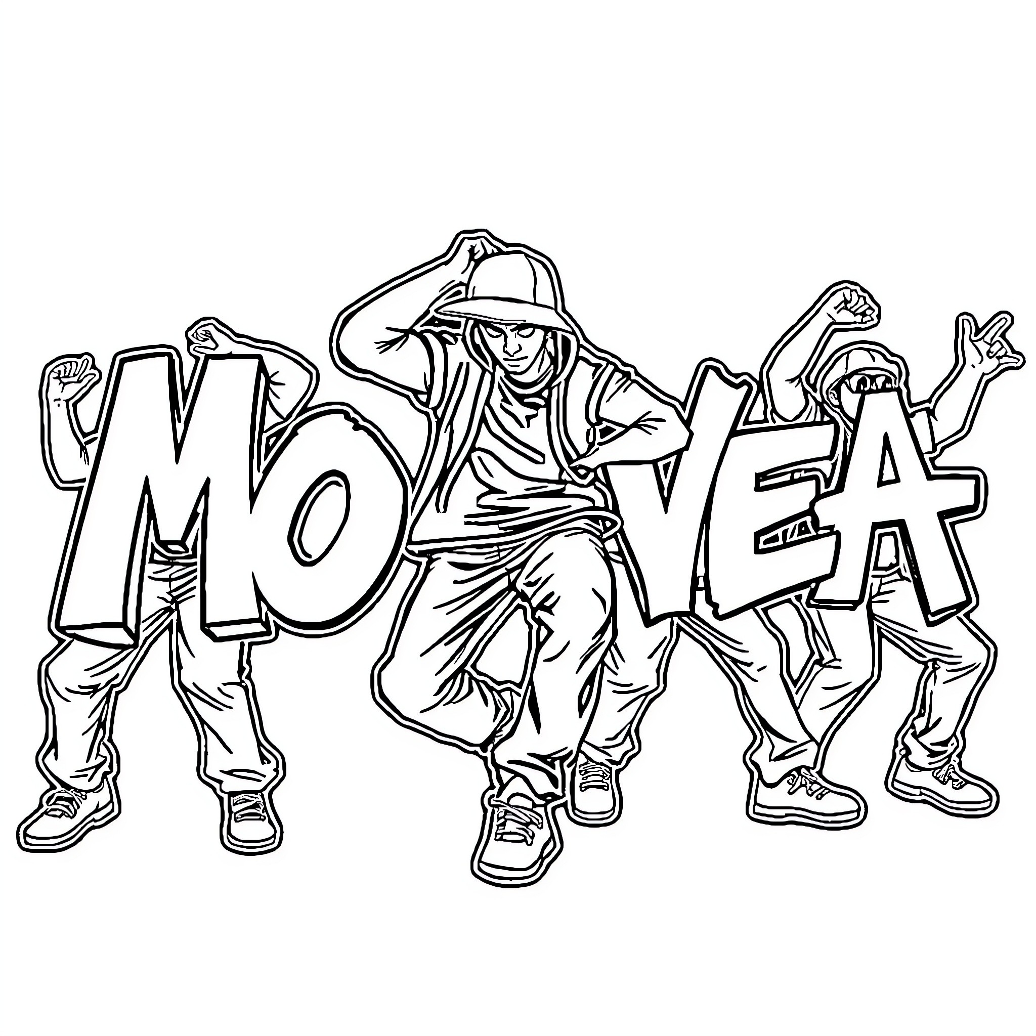 Hip Hop Dancers Performing Energetic Moves Coloring Page (free black-and-white line drawing printable PDF for all, from beginners to advanced learners, including children, teens, adults, and seniors)