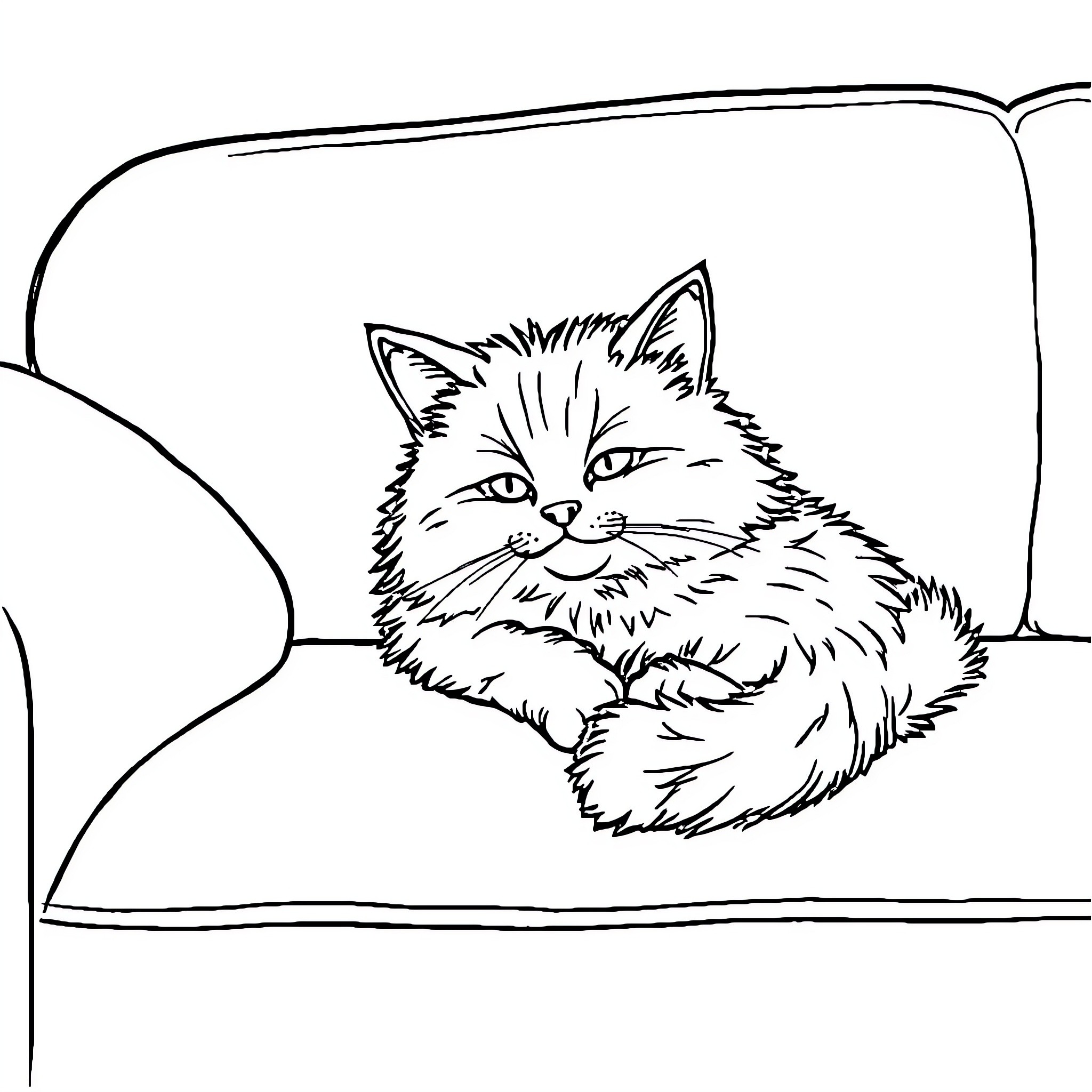 Cat resting comfortably on a couch Coloring Page (free black-and-white line drawing printable PDF for all, from beginners to advanced learners, including children, teens, adults, and seniors)