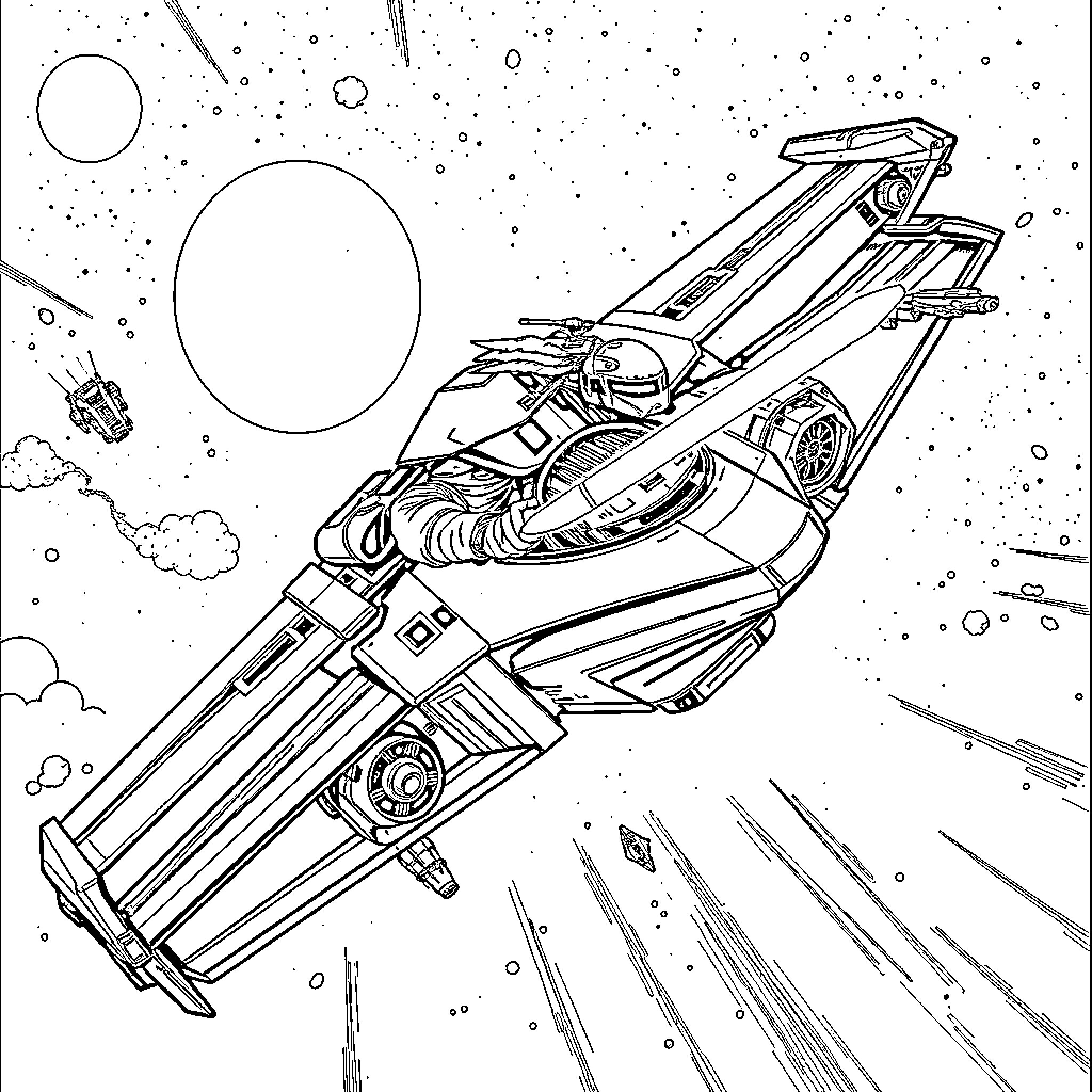 Anakin Skywalker's starfighter in an intense space battle Coloring Page (free black-and-white line drawing printable PDF for all, from beginners to advanced learners, including children, teens, adults, and seniors)