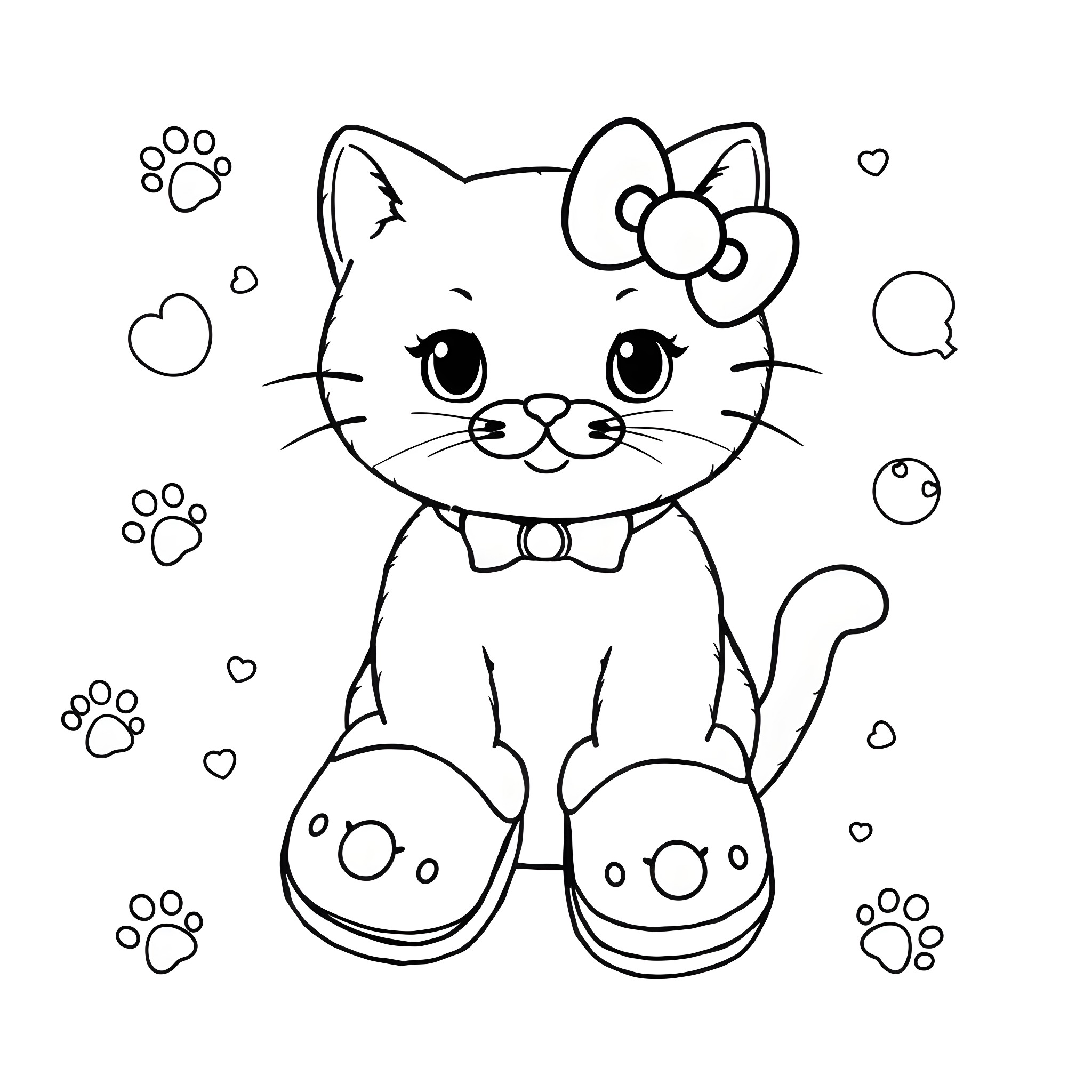 Cat with Bow Sitting Playfully Coloring Page (free black-and-white line drawing printable PDF for all, from beginners to advanced learners, including children, teens, adults, and seniors)