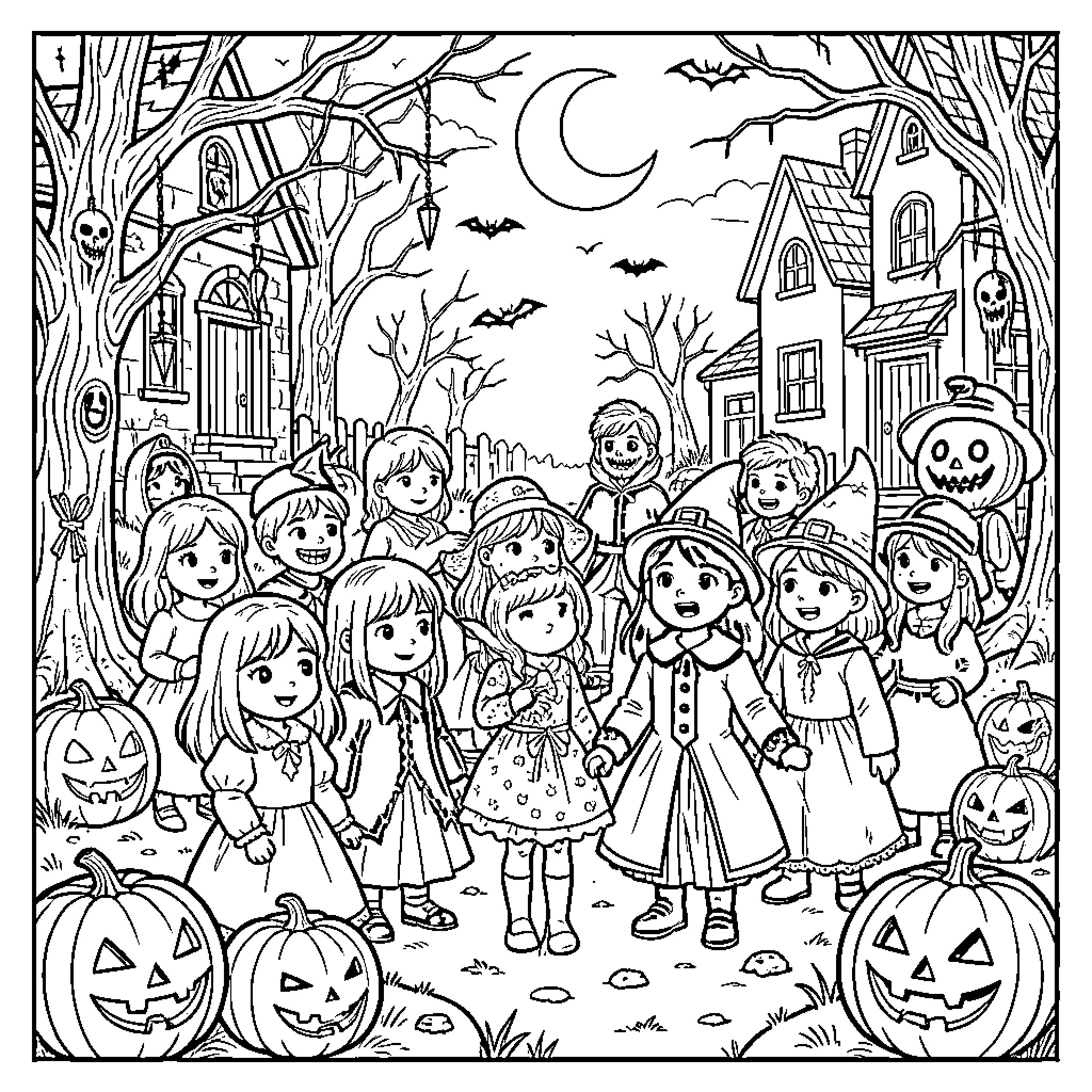 Halloween Trick-or-Treating in a Spooky Neighborhood Coloring Page (free black-and-white line drawing printable PDF for all, from beginners to advanced learners, including children, teens, adults, and seniors)
