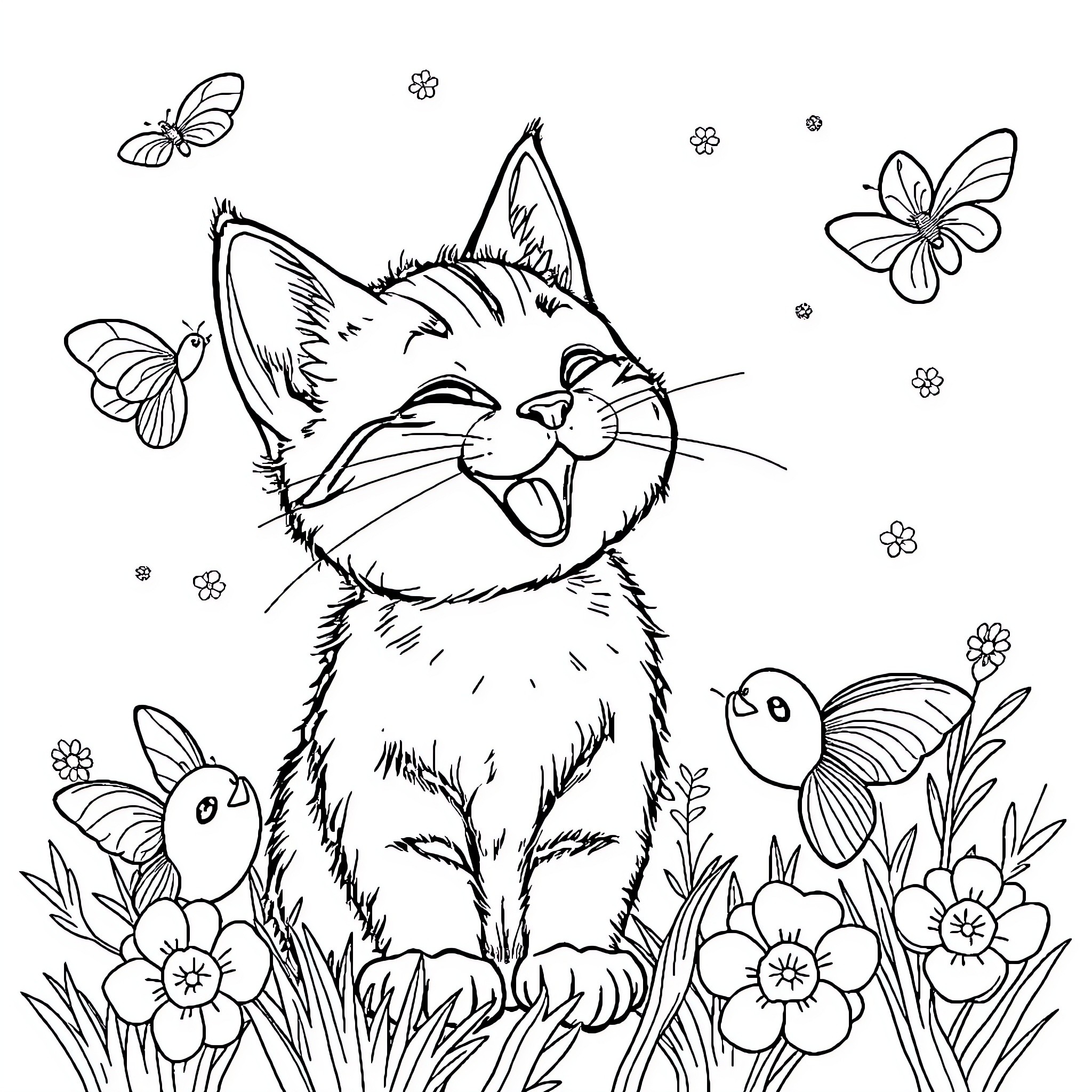 Cat enjoying butterflies and flowers in nature Coloring Page (free black-and-white line drawing printable PDF for all, from beginners to advanced learners, including children, teens, adults, and seniors)