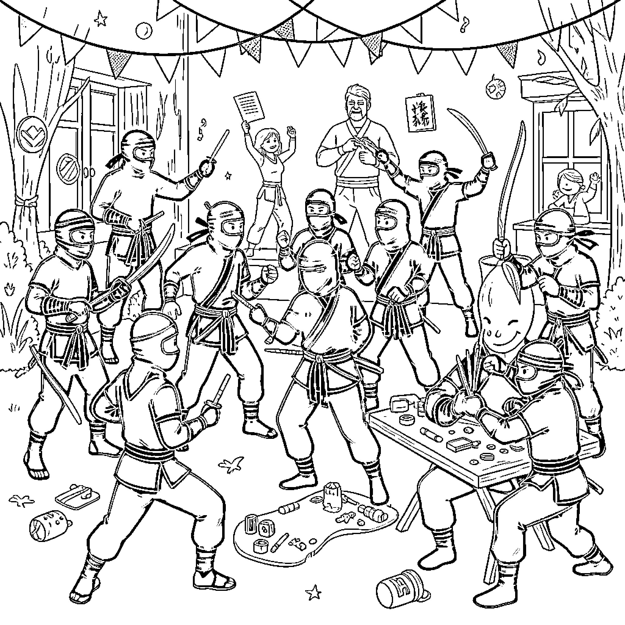 Ninja warriors training and practicing combat skills together Coloring Page (free black-and-white line drawing printable PDF for all, from beginners to advanced learners, including children, teens, adults, and seniors)