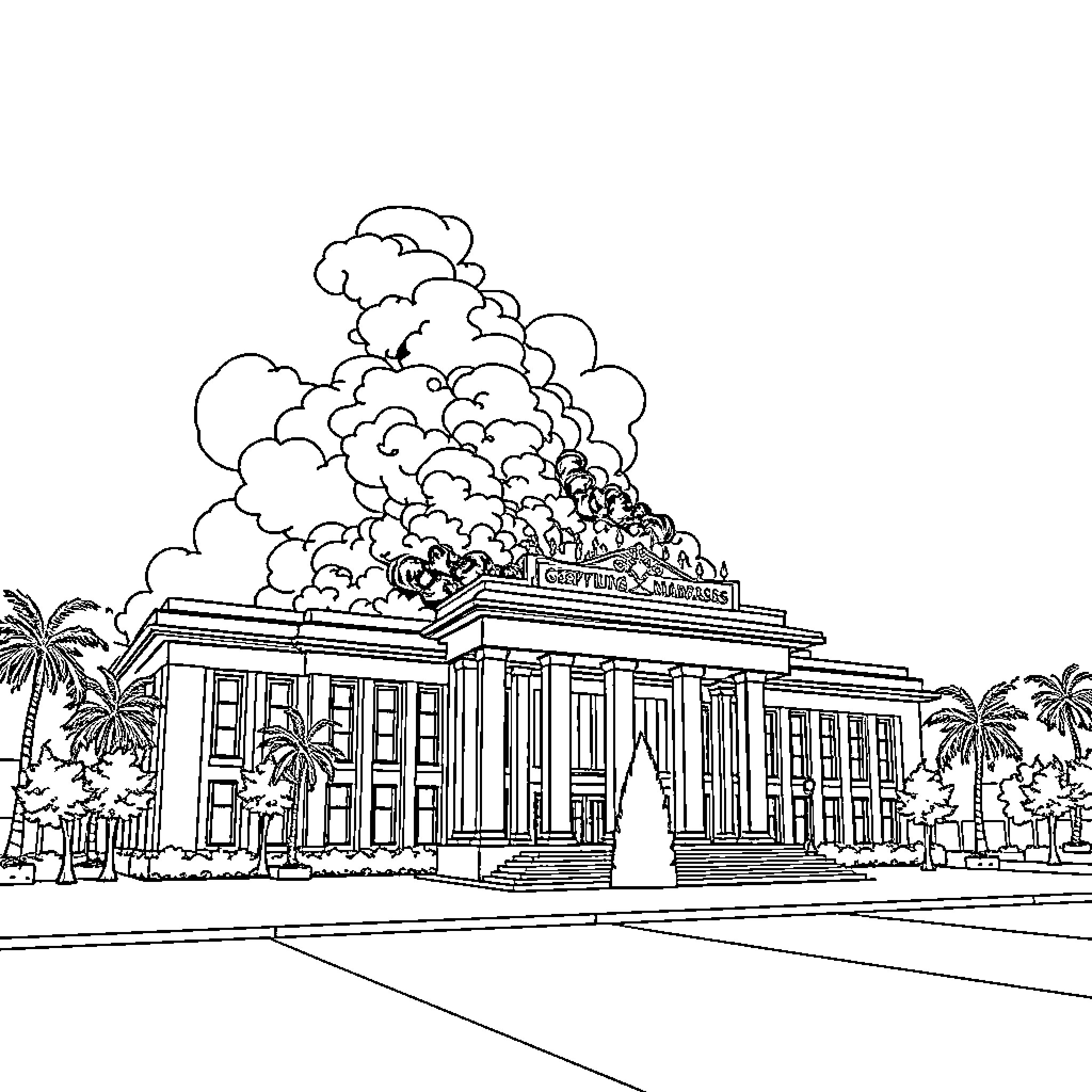 Gedung DPRD with cloudy dome and palm trees Coloring Page (free black-and-white line drawing printable PDF for all, from beginners to advanced learners, including children, teens, adults, and seniors)