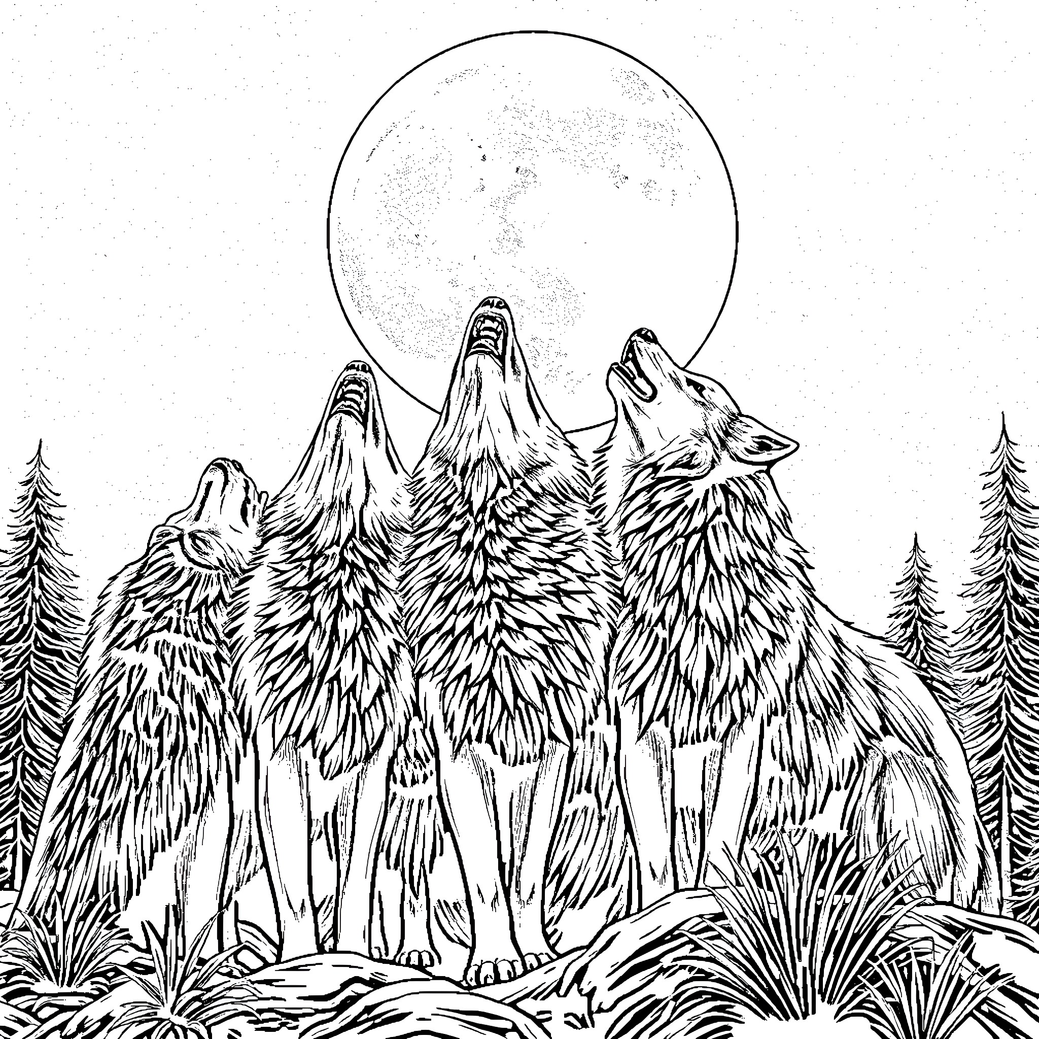 Wolf Pack Howling at the Moonlit Sky Coloring Page (free black-and-white line drawing printable PDF for all, from beginners to advanced learners, including children, teens, adults, and seniors)